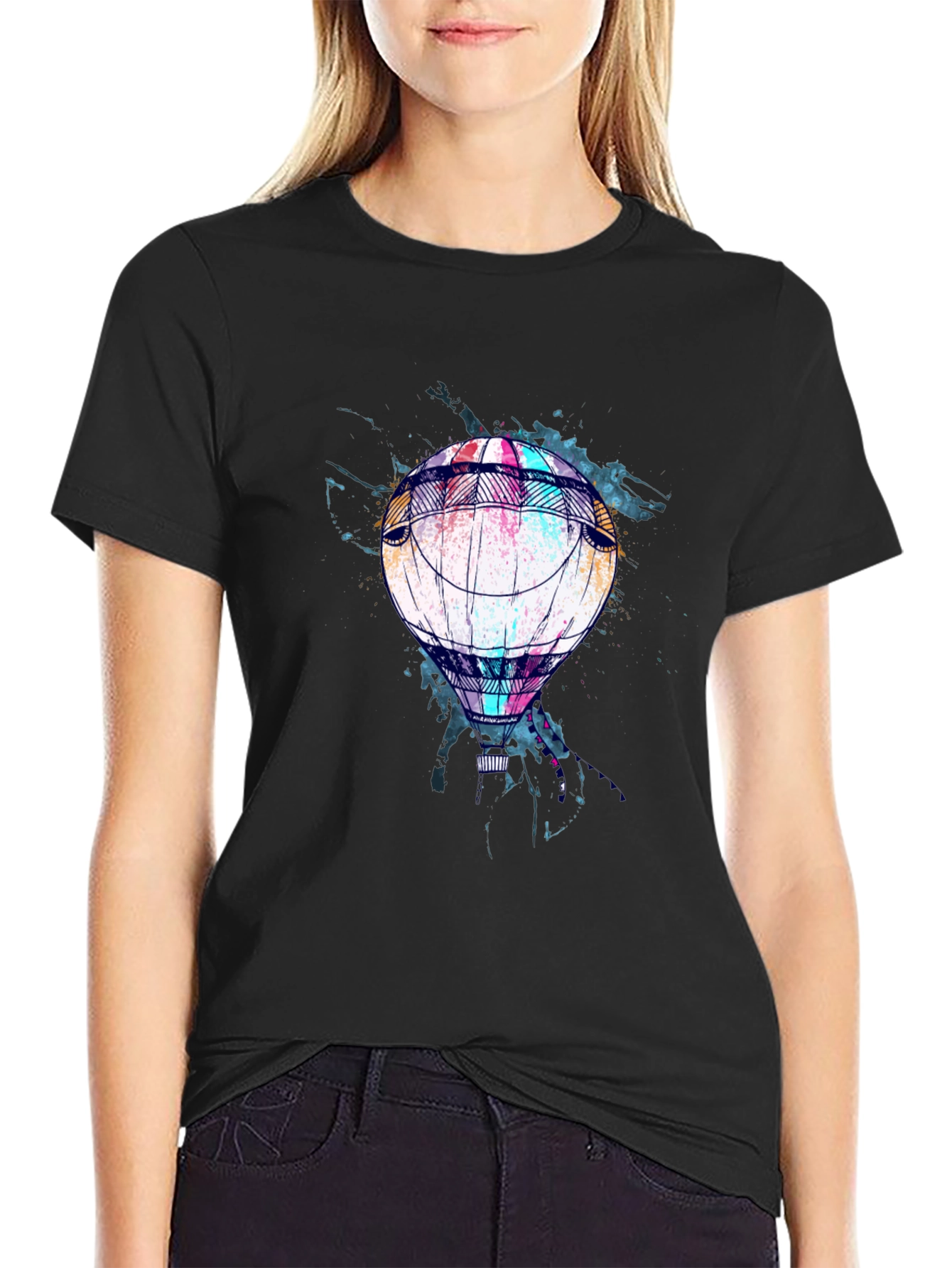 Black Air Balloon Graphic Tee - Soft Black Cotton Casual Wear view 2