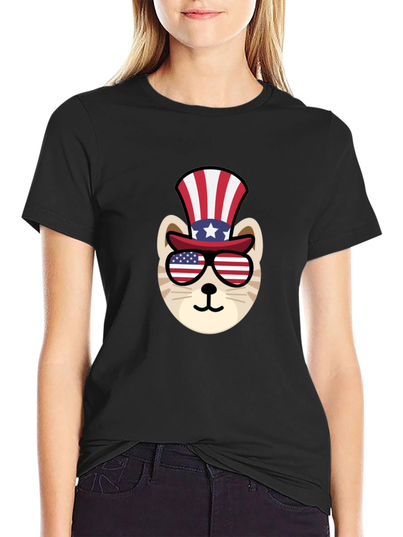 Black Patriotic Cat T-Shirt: American Flag Top Hat & Glasses view 2