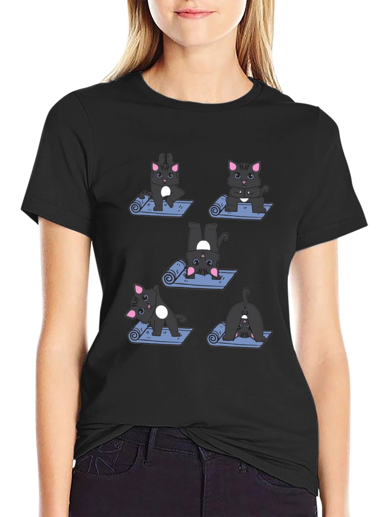 Black Yoga Cat T-Shirt - Funny Cartoon Tee view 2