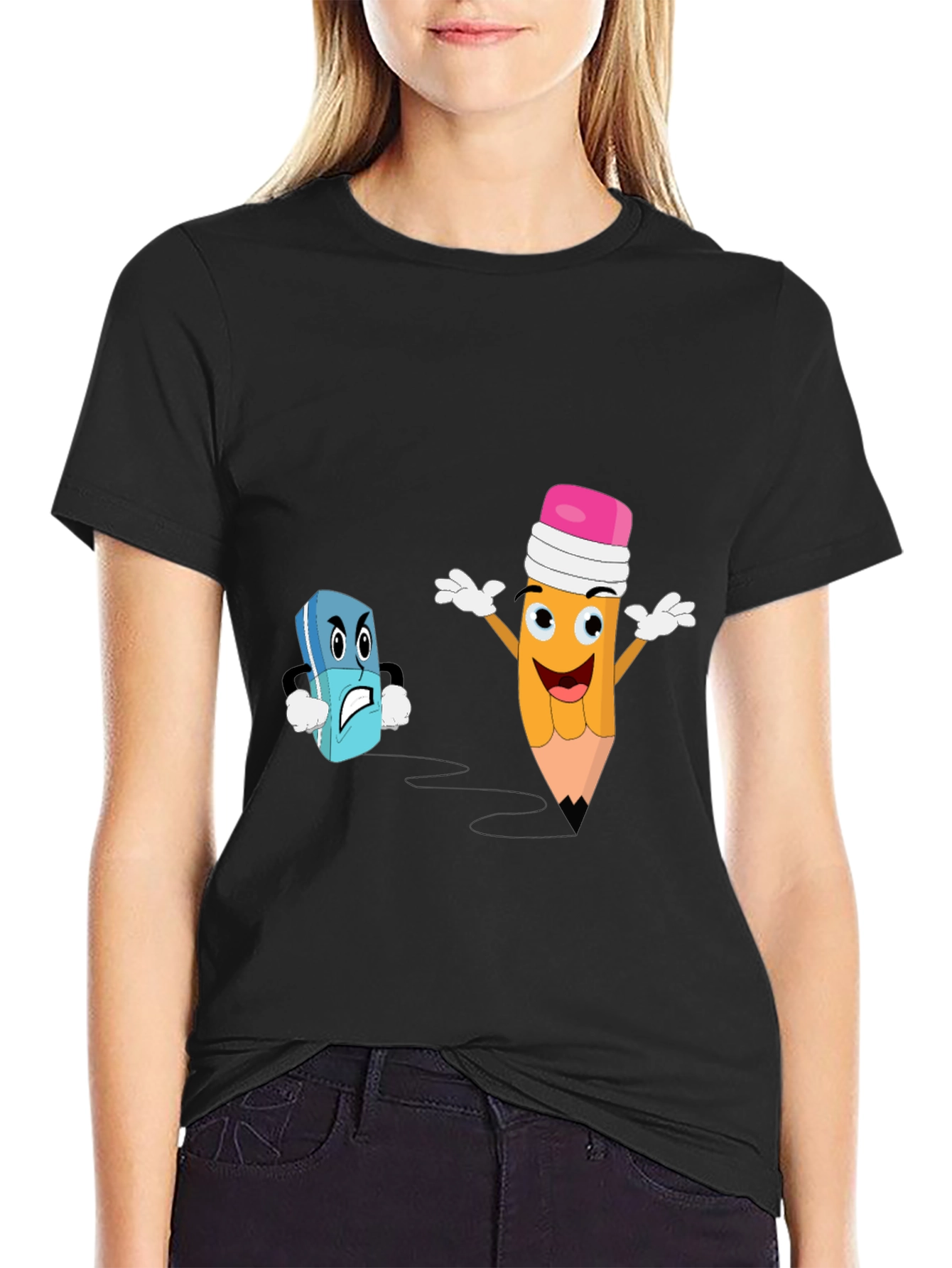 Black Funny Pencil vs Eraser Cartoon Black T-Shirt view 2