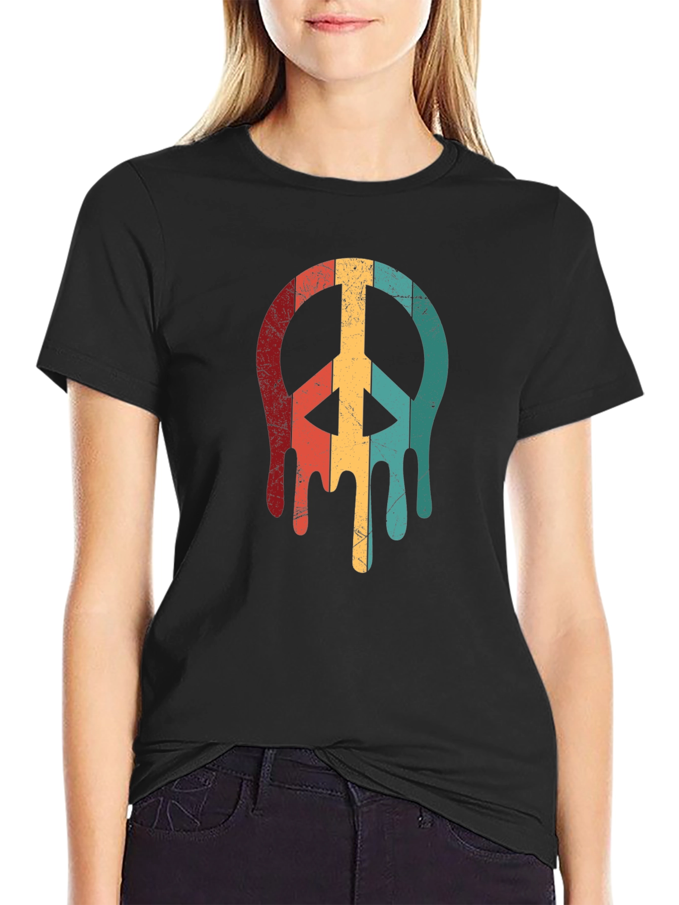 Black Retro Drip Peace Sign Graphic Tee - Black view 2