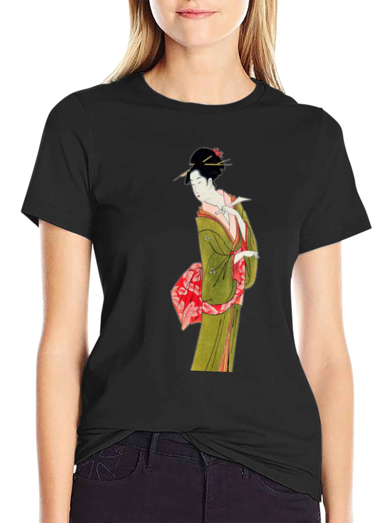 Black Japanese Geisha Art T-Shirt - Unique Ukiyo-e Design view 2