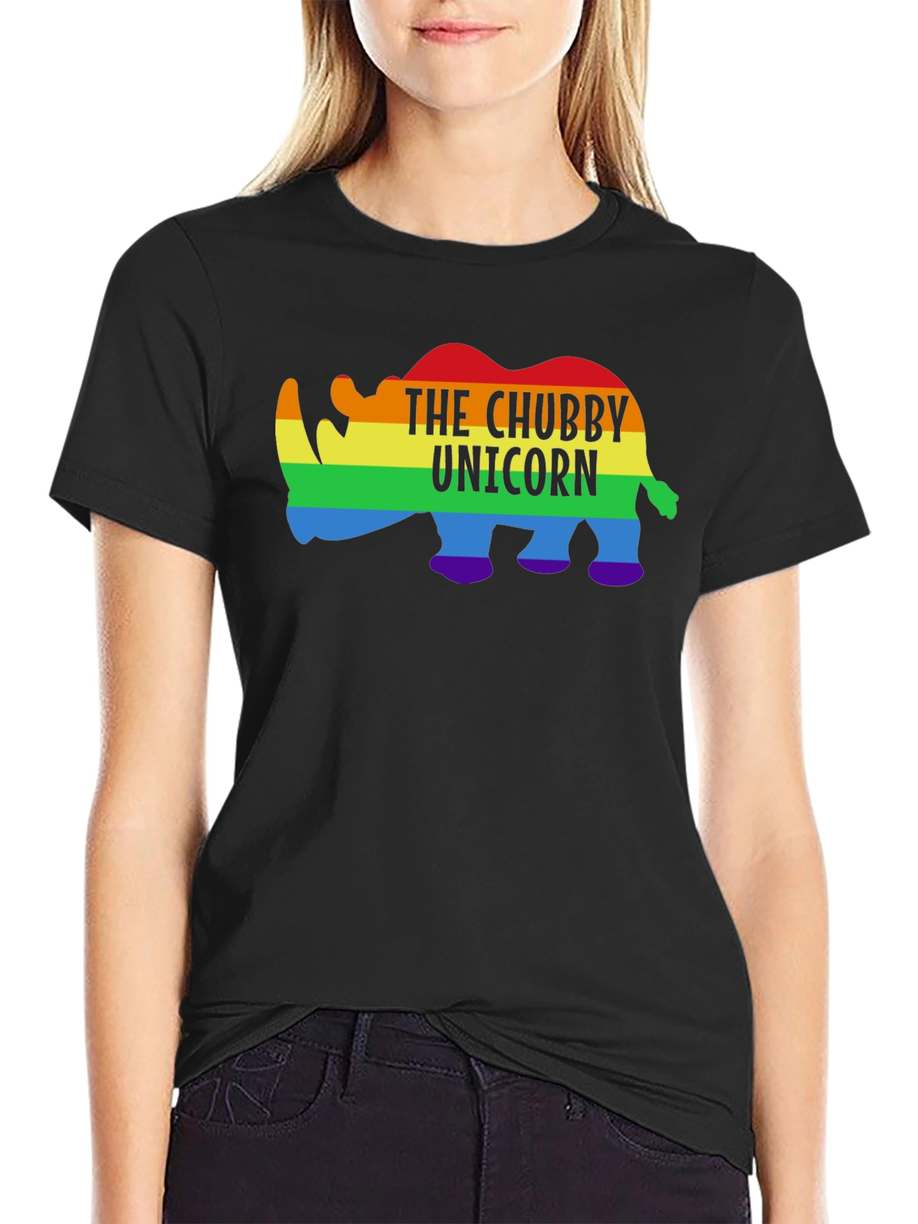 Black Chubby Unicorn Rainbow Graphic Tee view 2