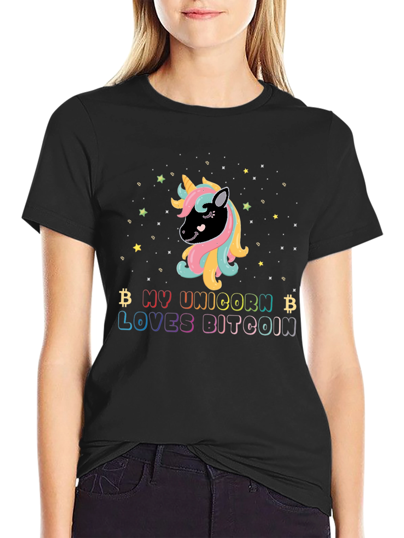 Black My Unicorn Loves Bitcoin Graphic T-Shirt view 2