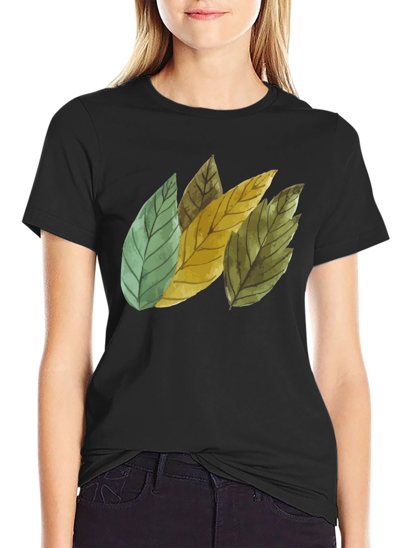 Black Leaf Design Black Cotton T-Shirt view 2