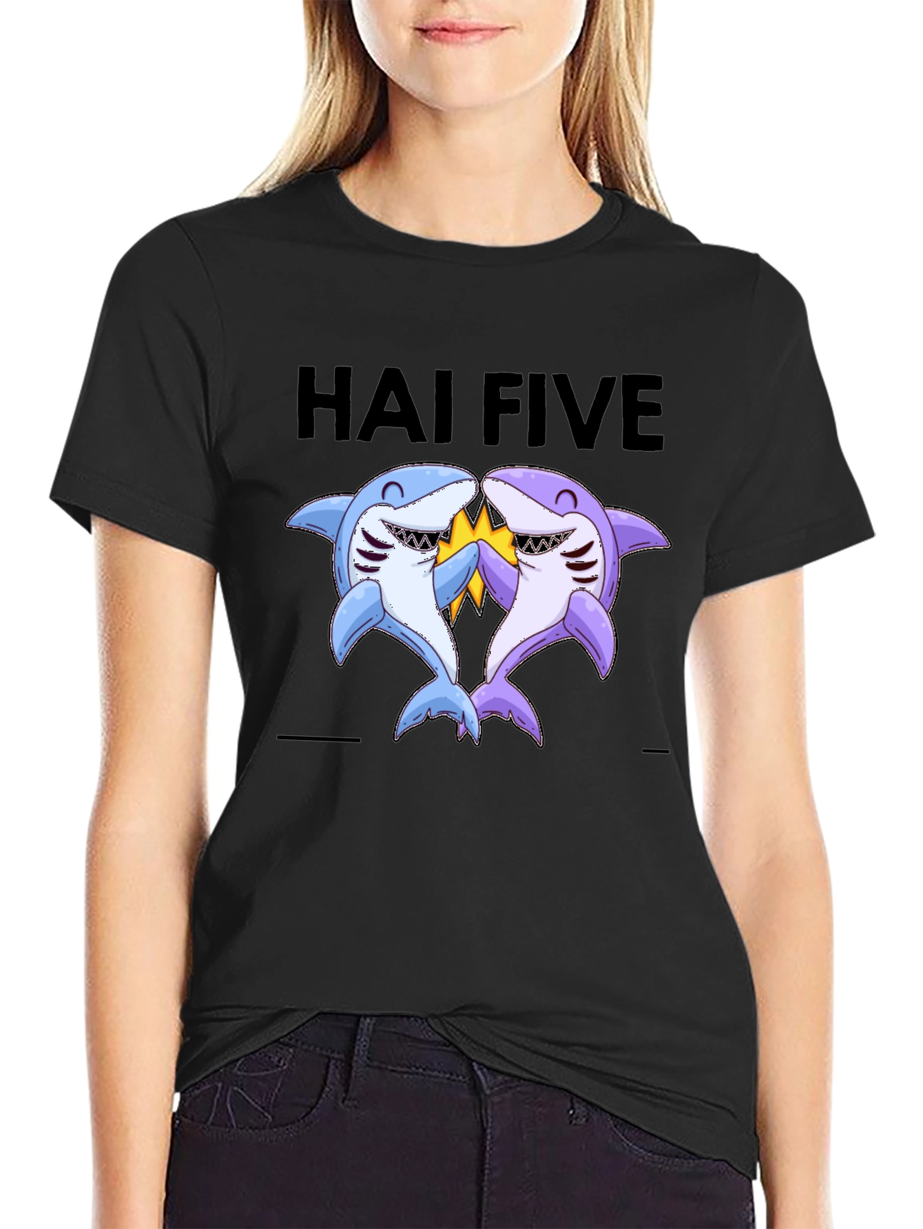 Black Hai Five T-Shirt - Funny Shark High Five Tee view 2