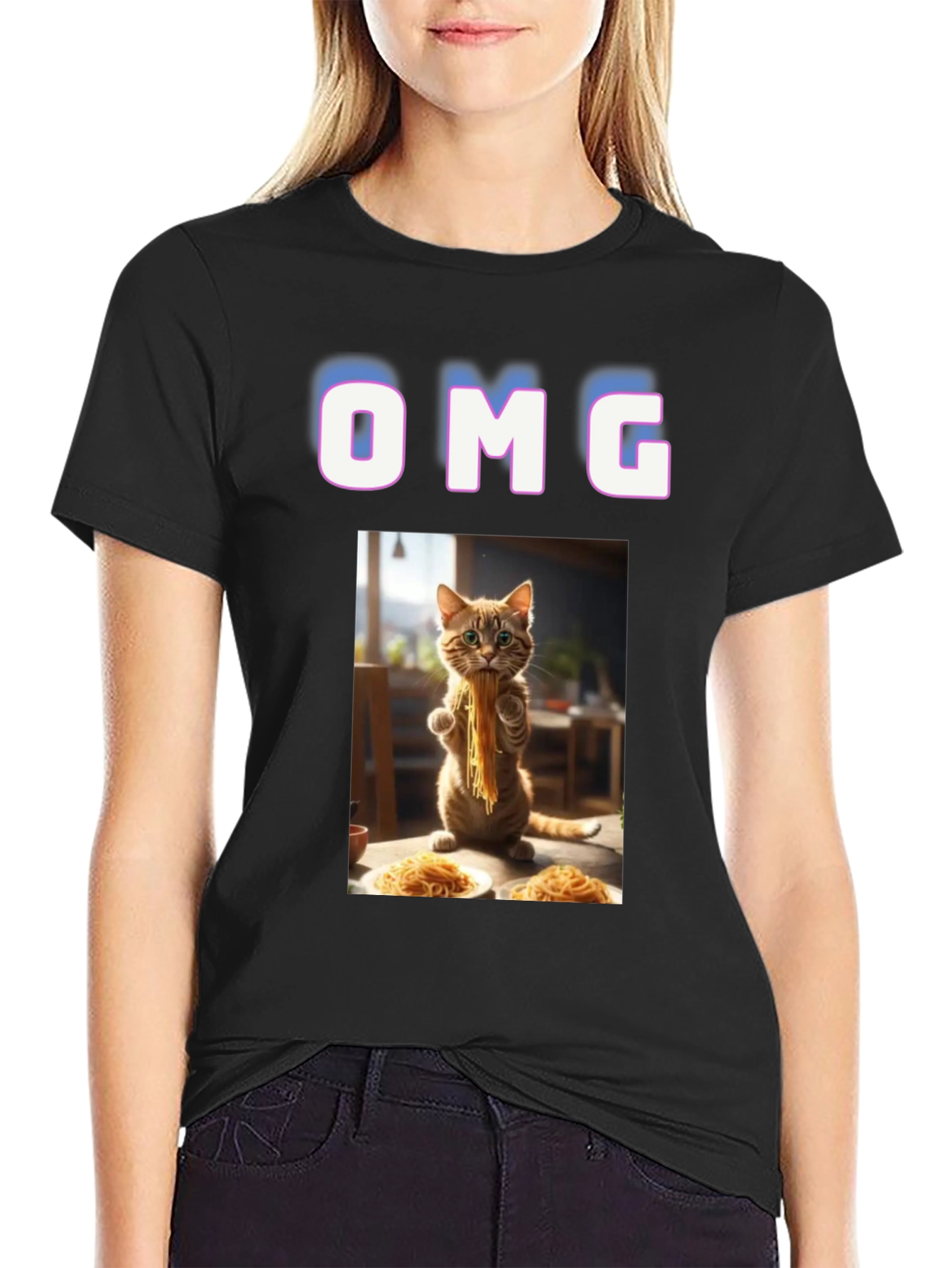 Black OMG Cat Eating Spaghetti Graphic T-Shirt view 2