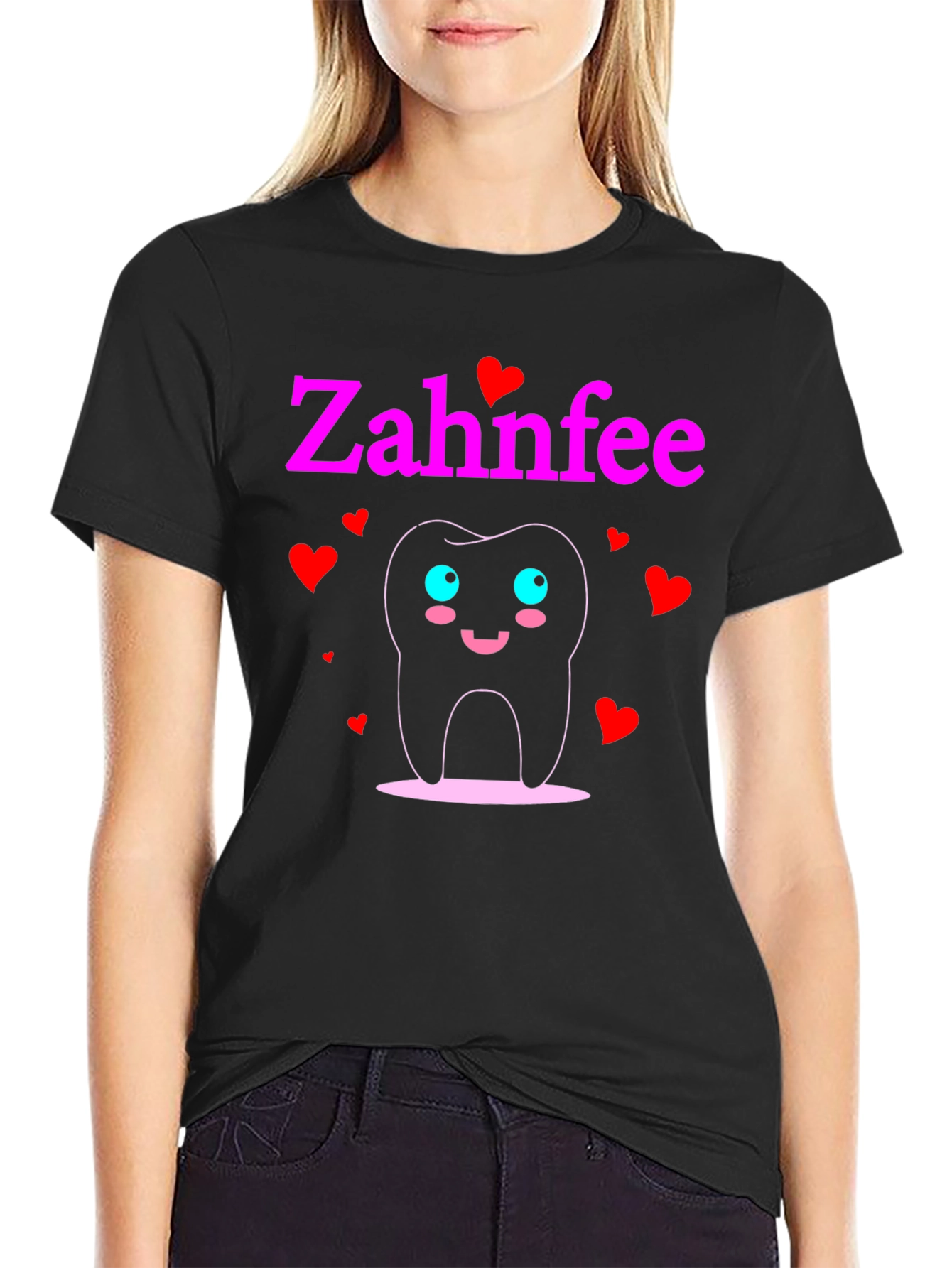Black Zahnfee Cartoon Tooth T-Shirt - Dental Fairy Tee view 2