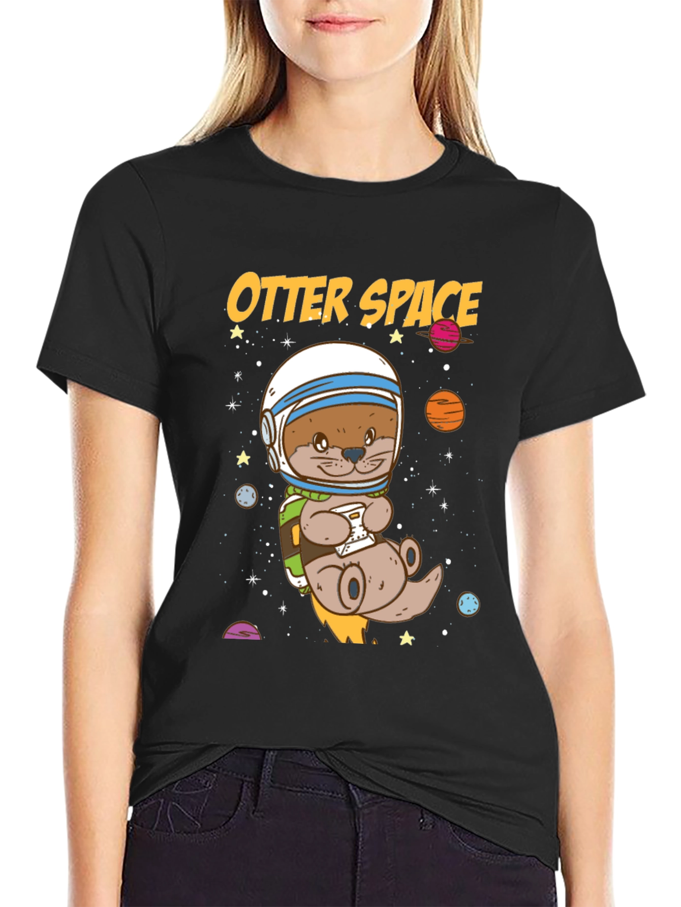 Black Otter Space Graphic T-Shirt - Astronaut Animal Tee view 2