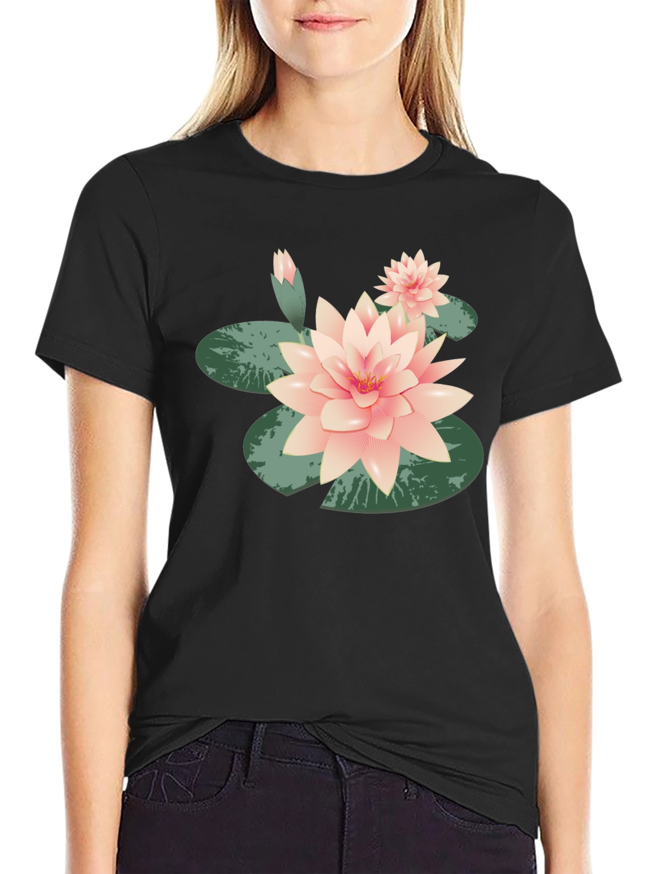 Black Lotus Flower Graphic Tee - Black Cotton Casual view 2