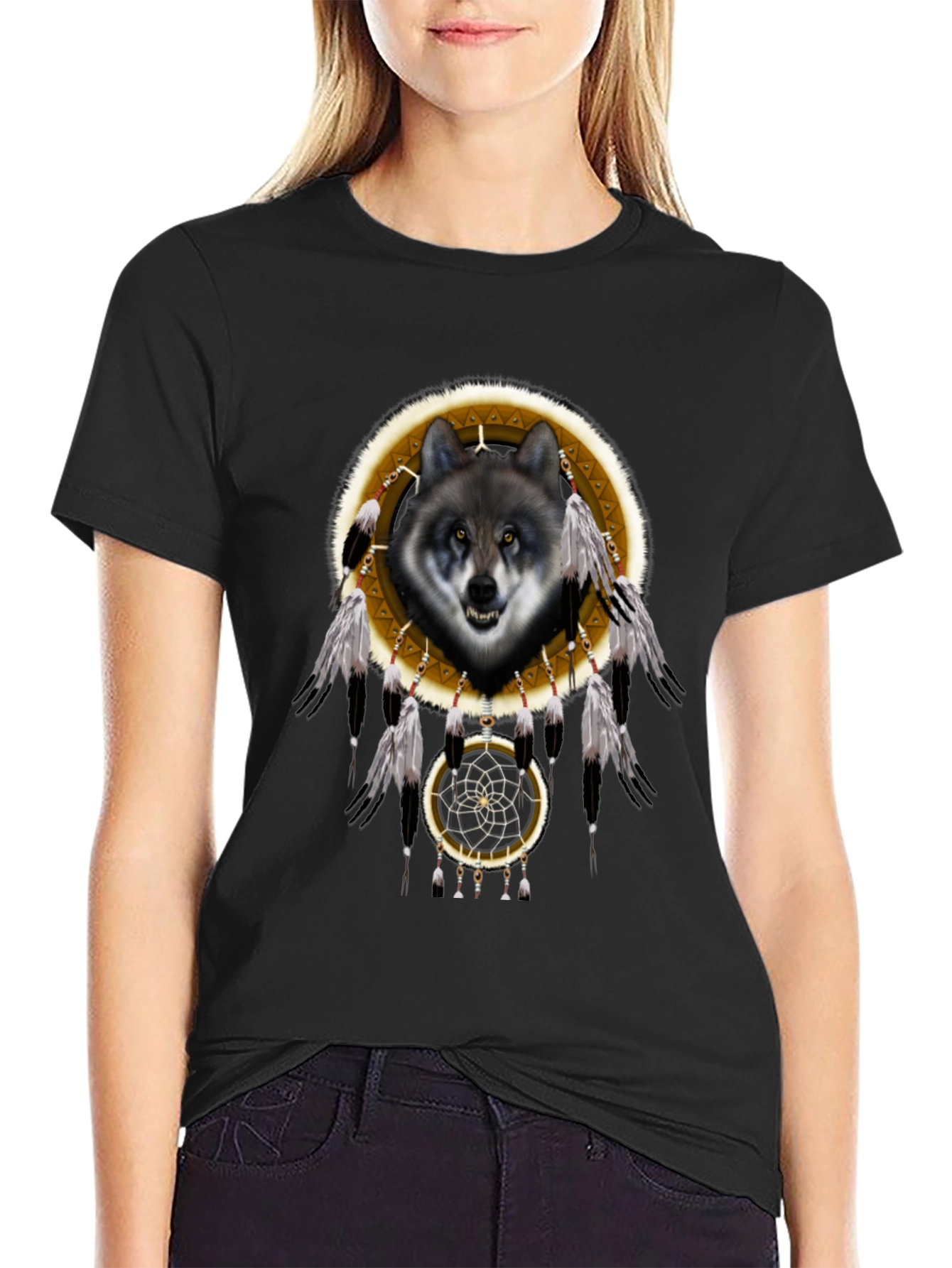 Black Wolf Dreamcatcher Graphic T-Shirt - Native American Inspired view 2