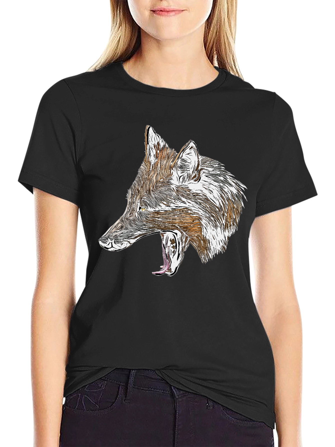 Black Wolf Graphic Black T-Shirt - Fierce Animal Design view 2