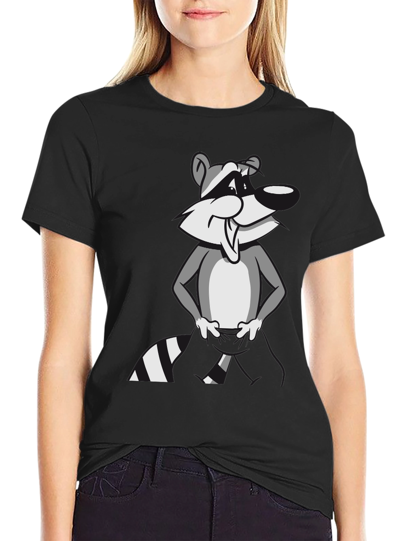 Black Cartoon Raccoon Graphic T-Shirt - Stylish Black Tee view 2