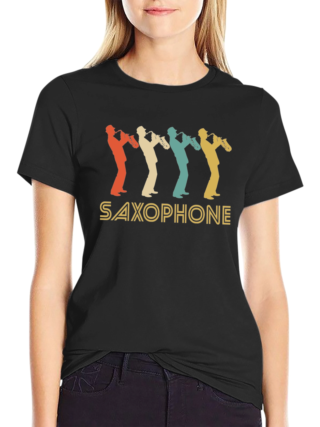 Black Vintage Saxophone T-Shirt - Retro Music Lover Tee view 2