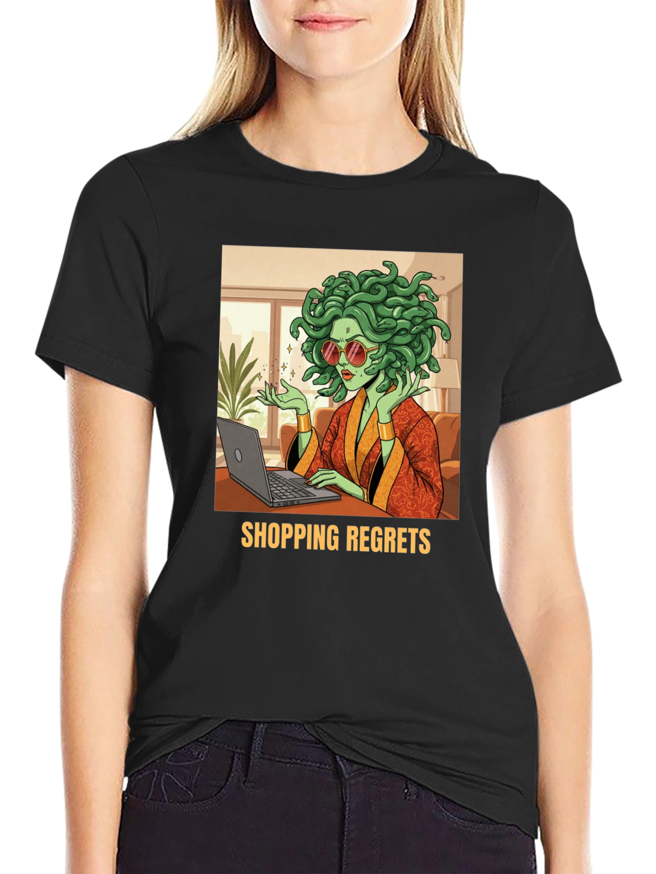 Black Shopping Regrets Graphic Tee - Medusa Online Shopping Humor view 2