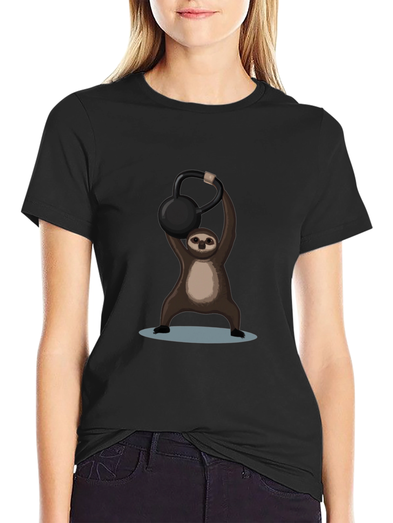 Black Funny Sloth Kettlebell Black T-Shirt view 2