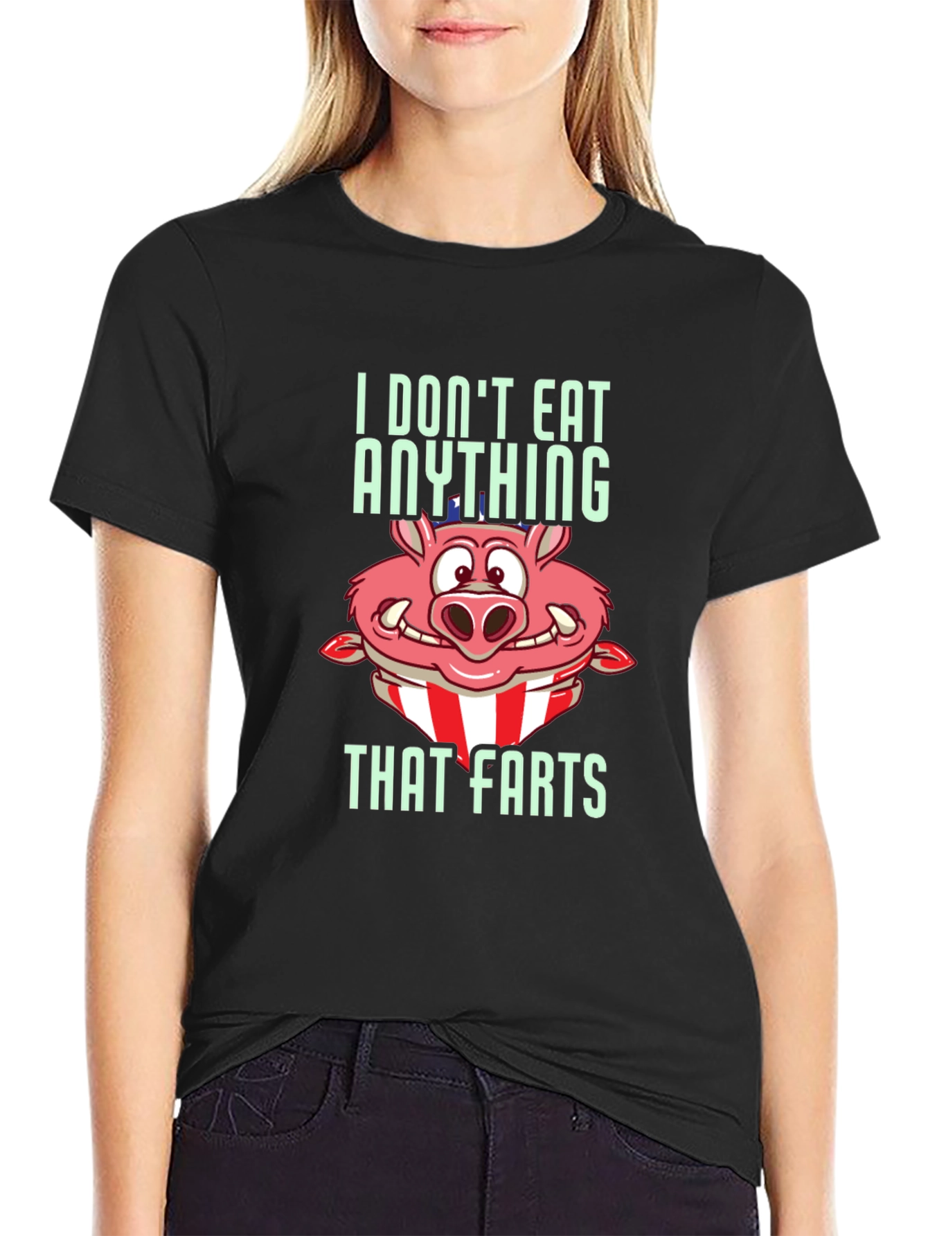 Black Funny Pig T-Shirt - I Don't Eat Anything That Farts view 2