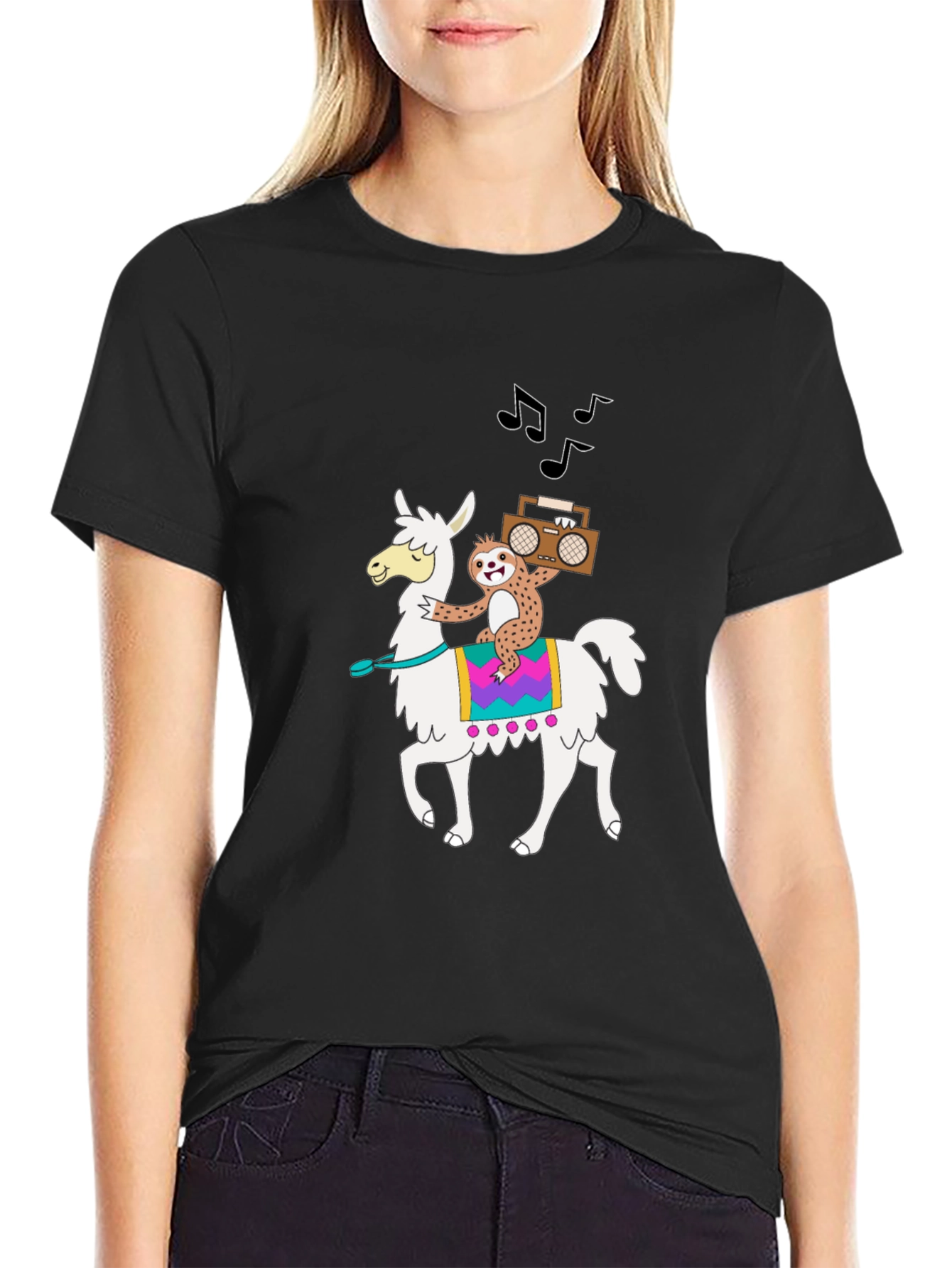 Black Llama & Sloth T-Shirt - Cute Cartoon Graphic Tee view 2