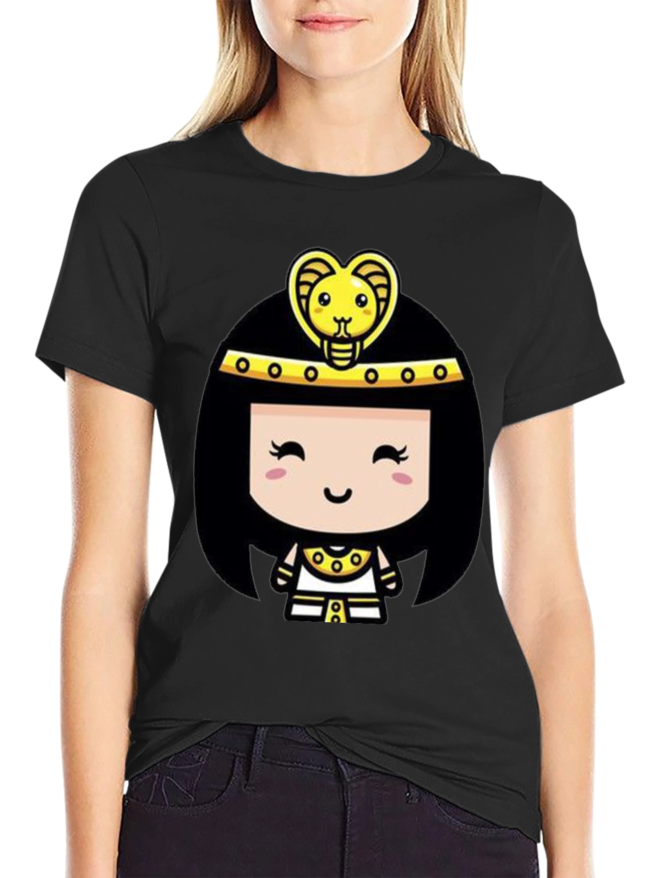 Black Egyptian Queen Cartoon Graphic Tee - Black Cotton T-Shirt view 2