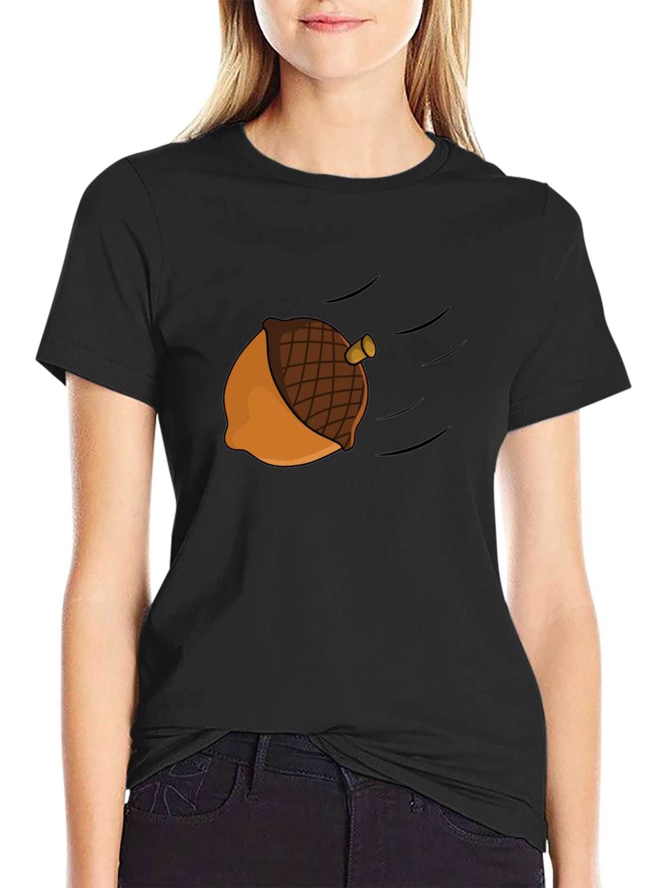Black Acorn Cartoon Graphic Tee - Black Casual T-Shirt view 2