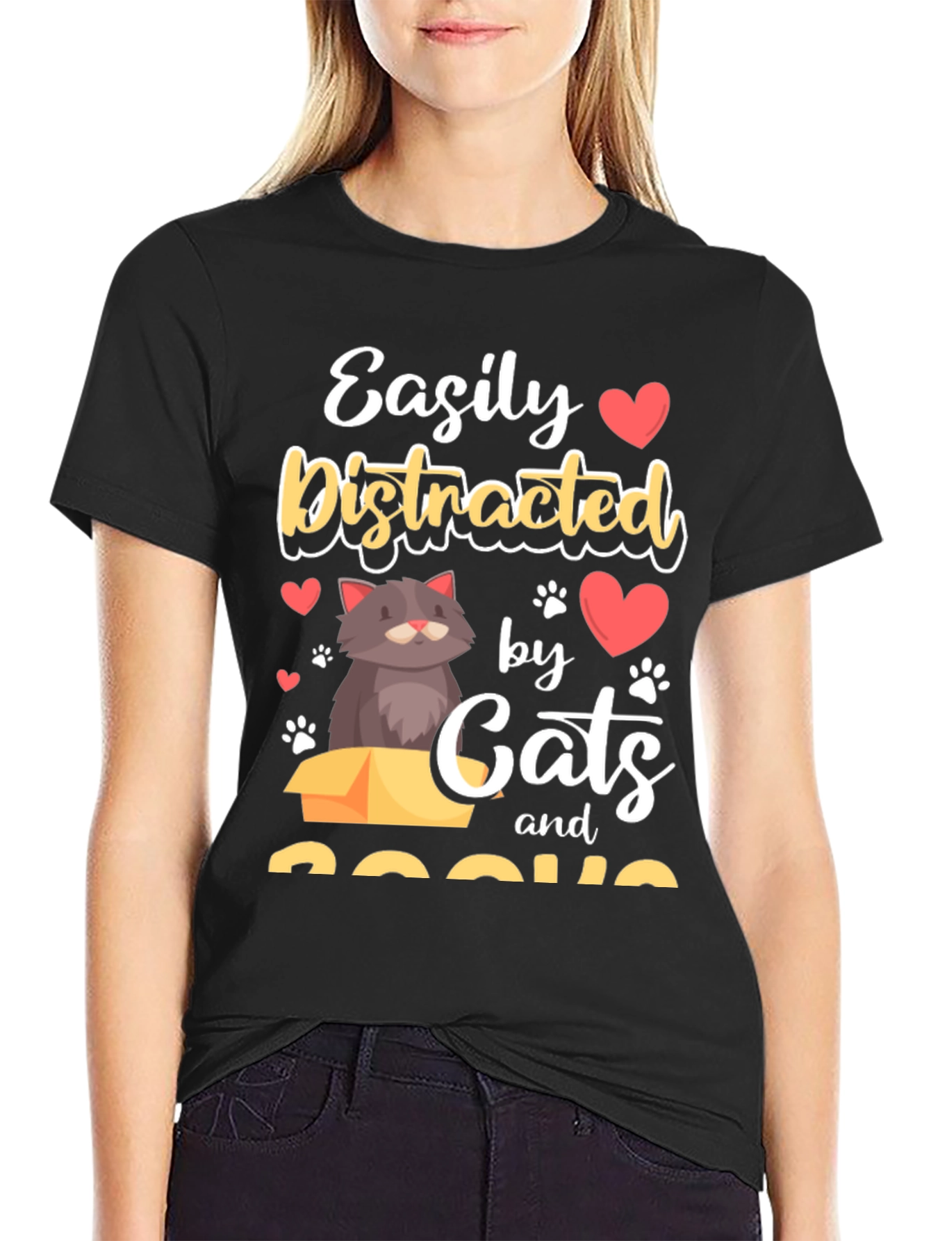 Black Easily Distracted by Cats and Books T-Shirt view 2