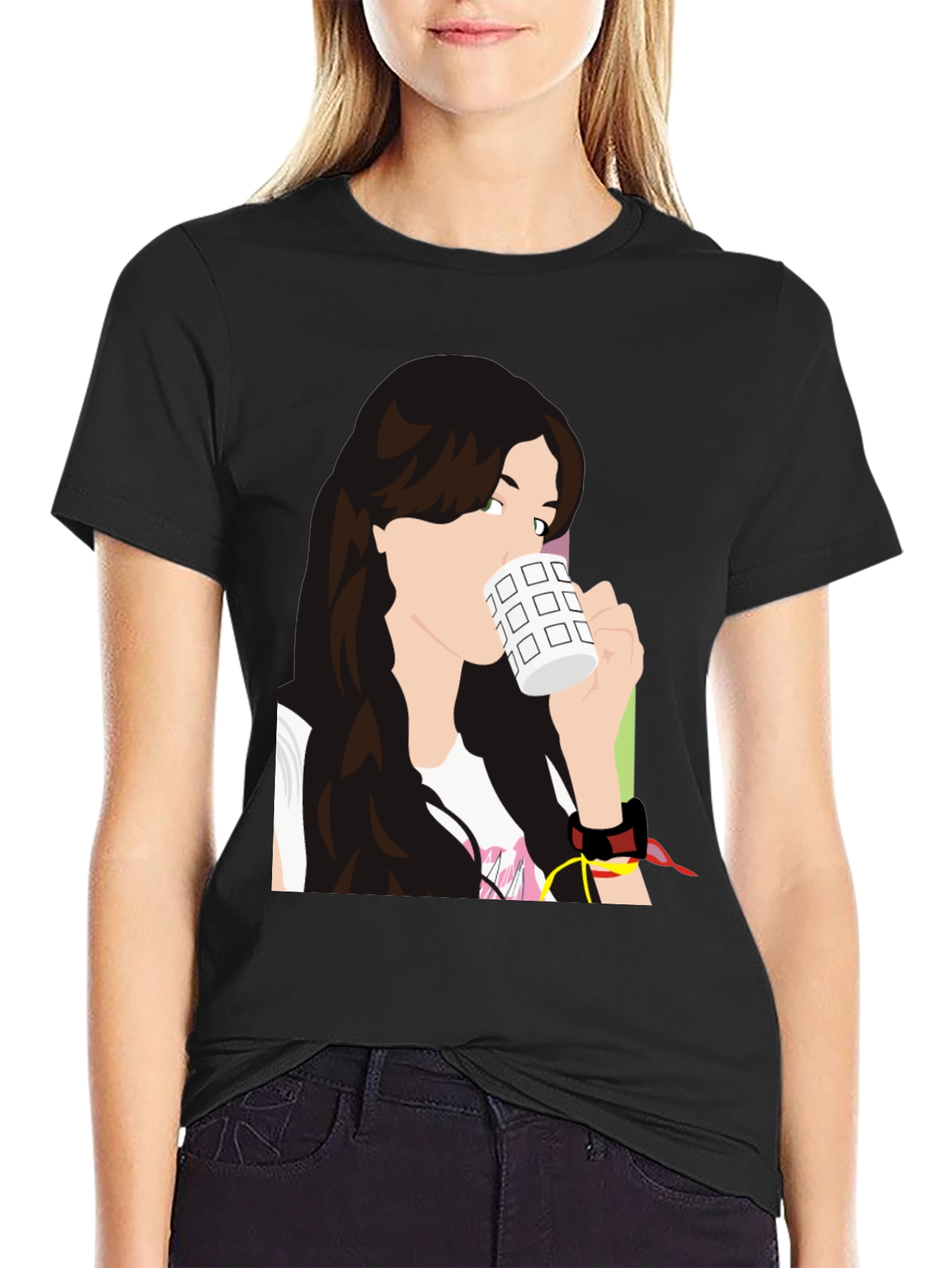 Black Stylish Woman Drinking Coffee Graphic T-Shirt view 2