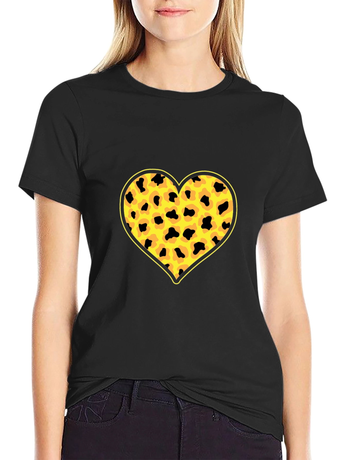 Black Leopard Heart Print Black T-Shirt view 2