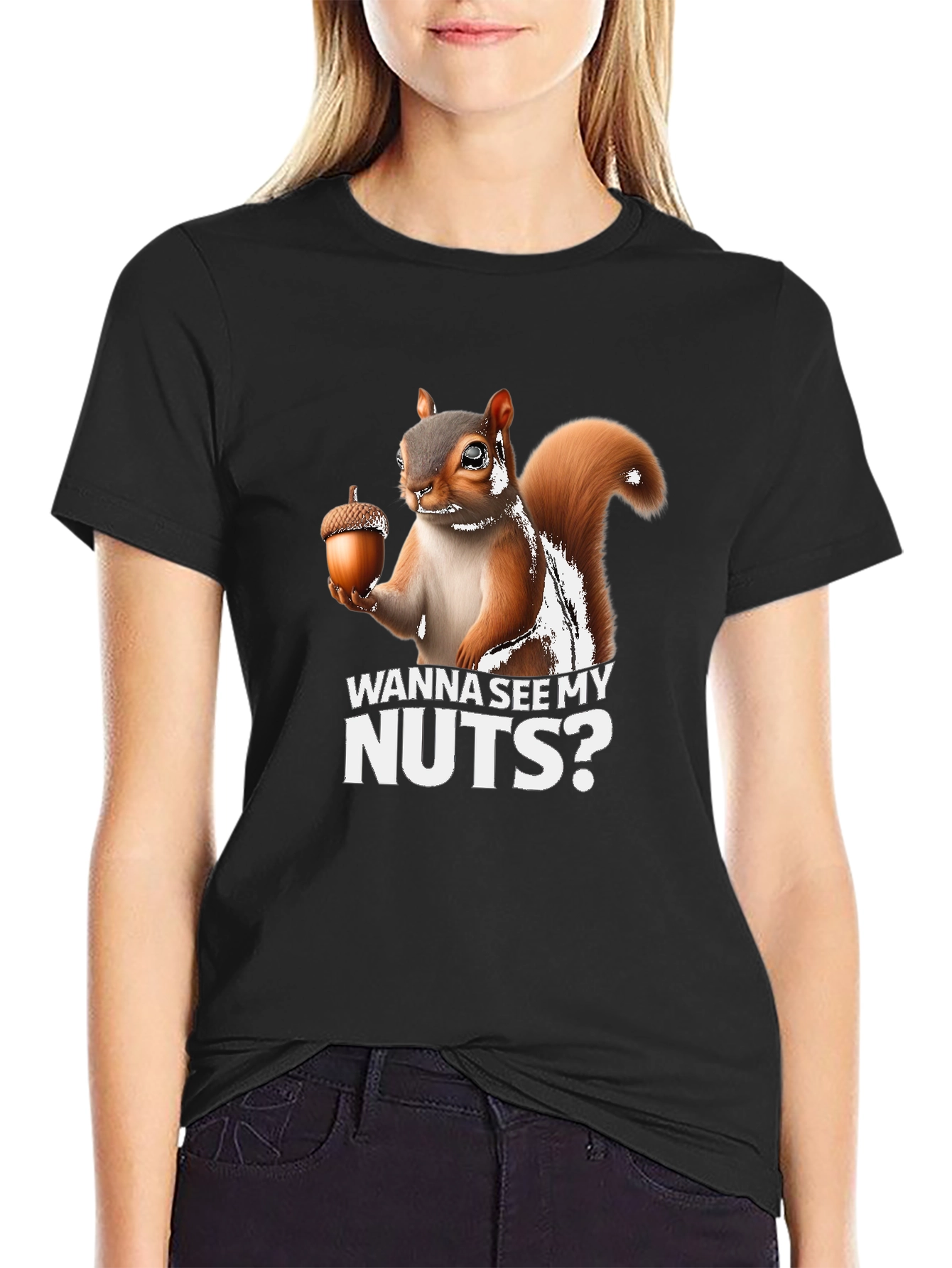 Black Funny Squirrel Wanna See My Nuts T-Shirt view 2