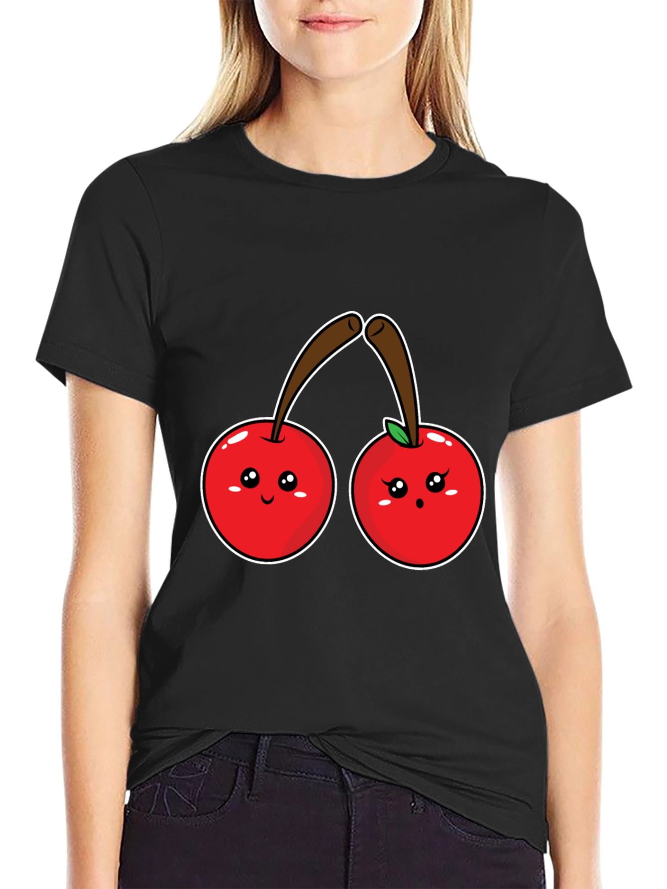 Black Cute Cherry Graphic Black Tee Shirt view 2