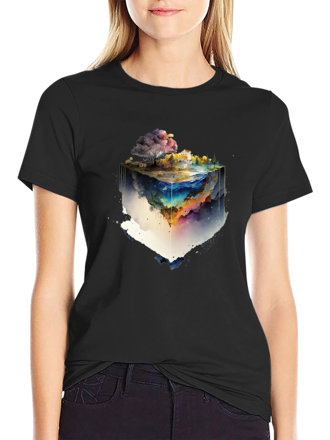 Black Watercolor World Cube Graphic Tee view 2