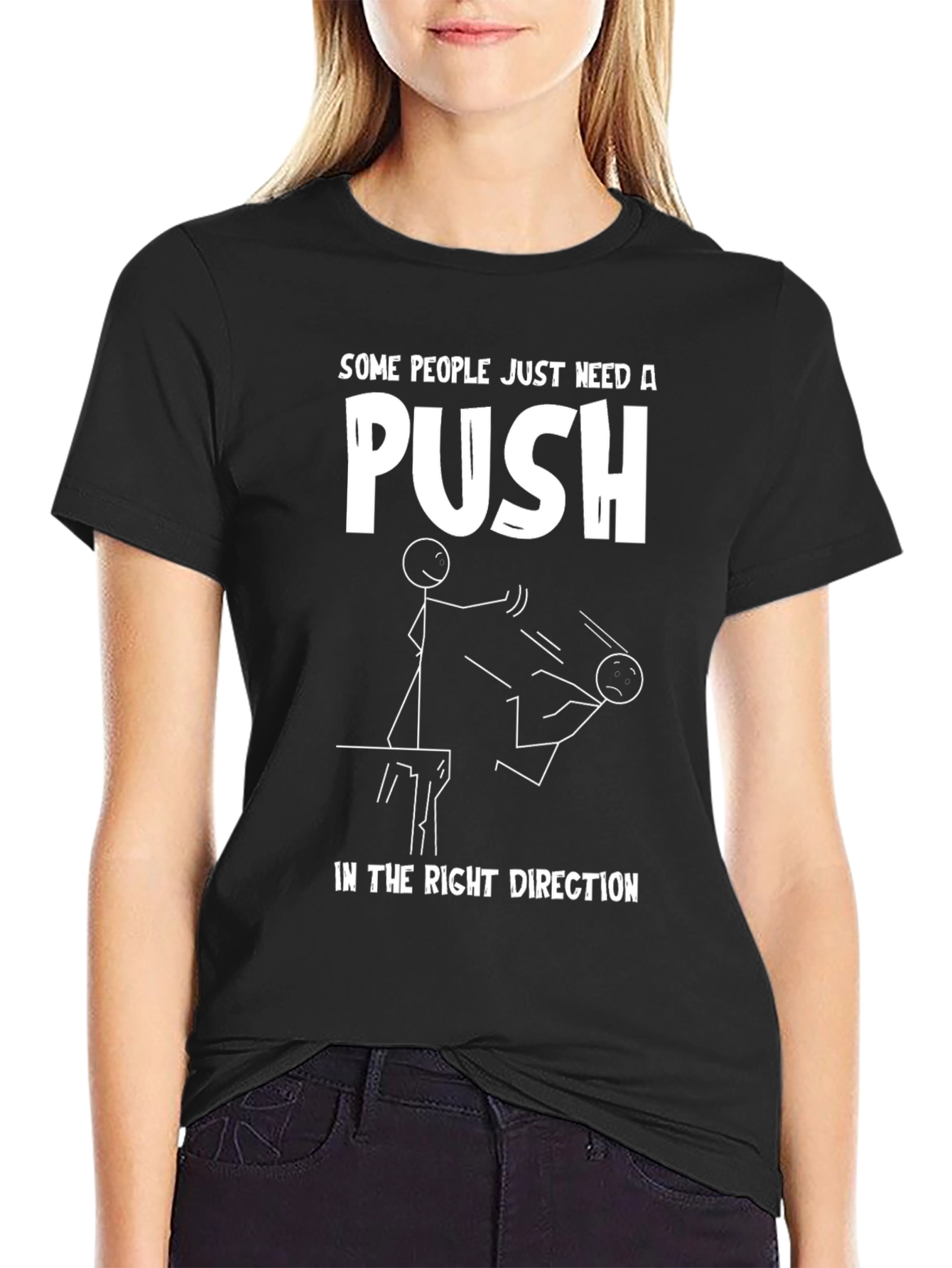 Black Funny 'Push' Graphic Tee - Black Cotton view 2
