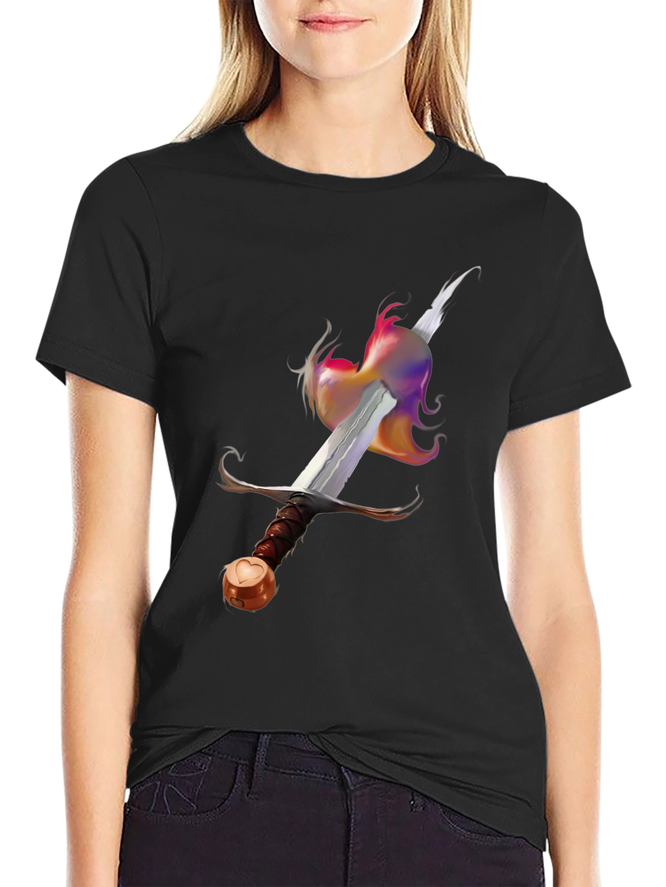 Black Sword & Rainbow Flame Graphic Tee - Unique Design! view 2