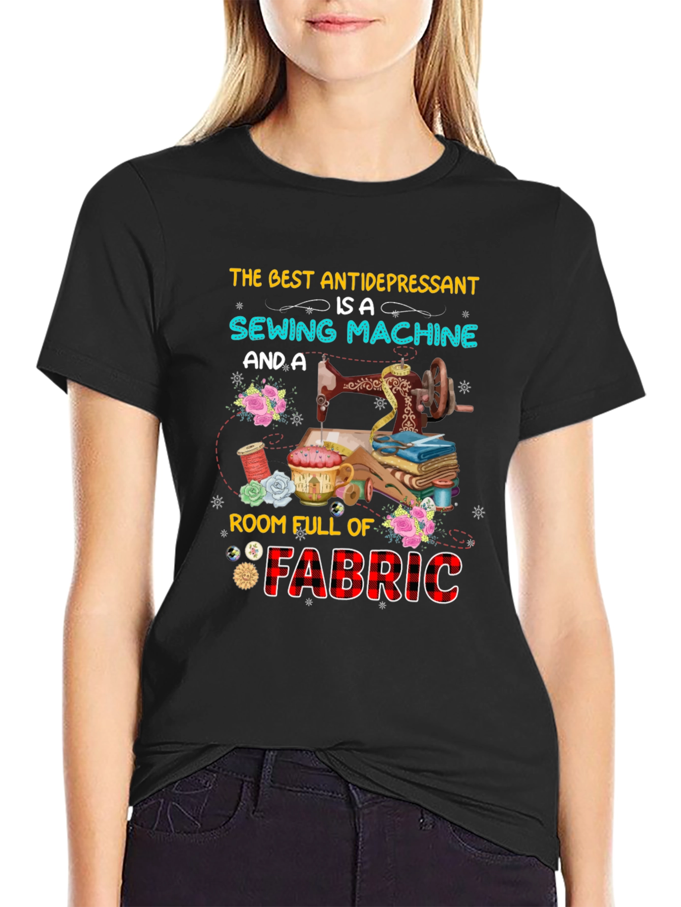 Black Sewing Machine & Fabric Lover T-Shirt view 2