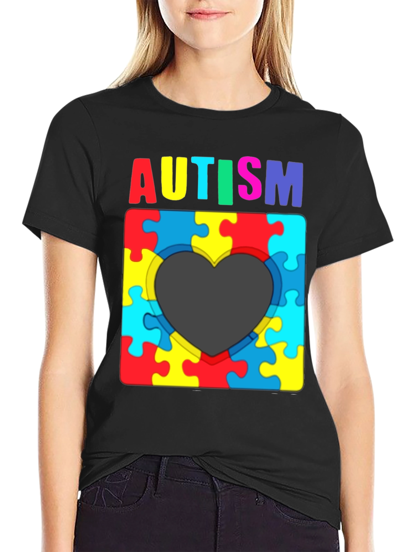 Black Autism Awareness Puzzle Heart T-Shirt view 2