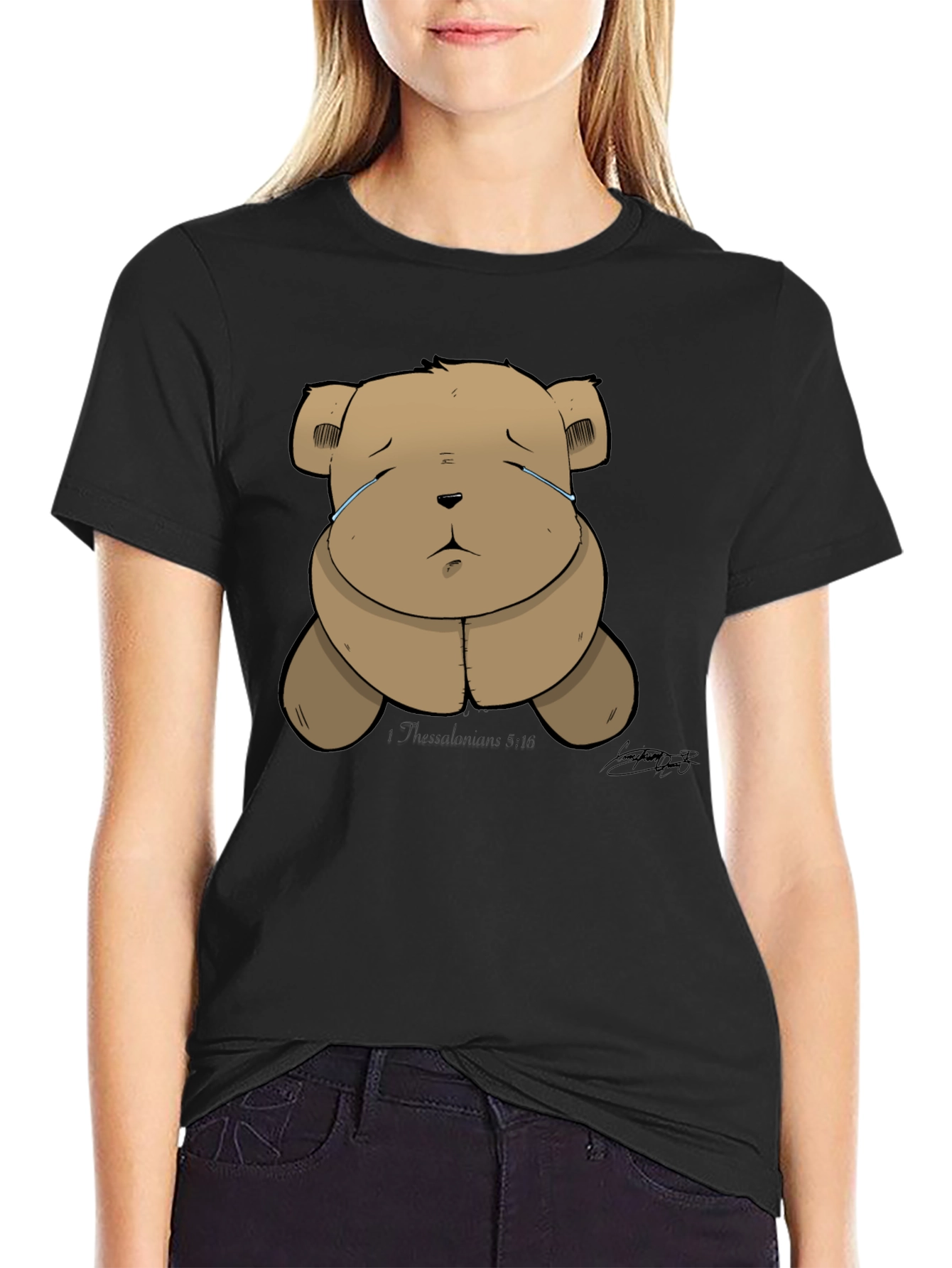 Black Sad Teddy Bear Graphic Black T-Shirt view 2