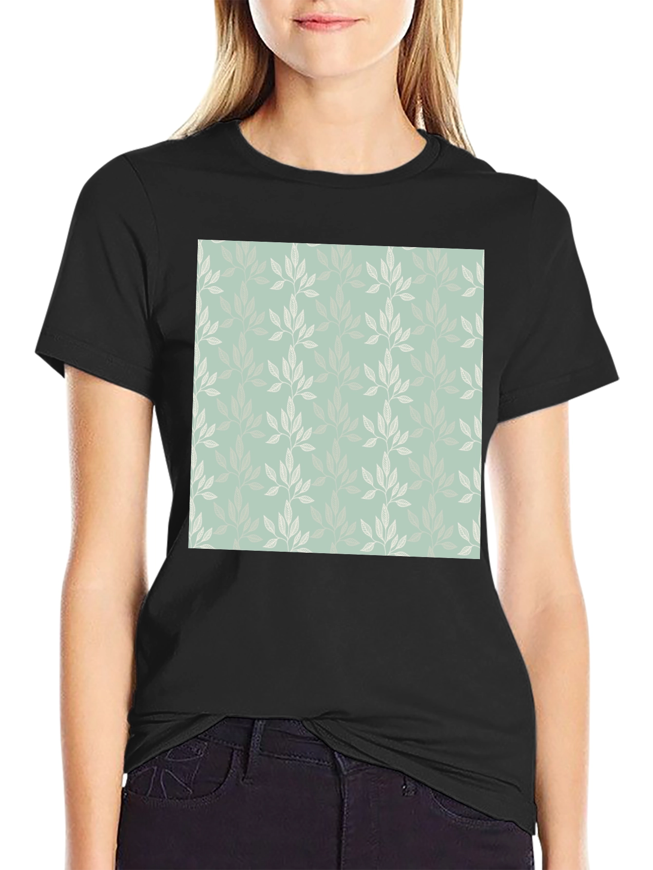 Black Leaf Pattern Graphic Black T-Shirt view 2