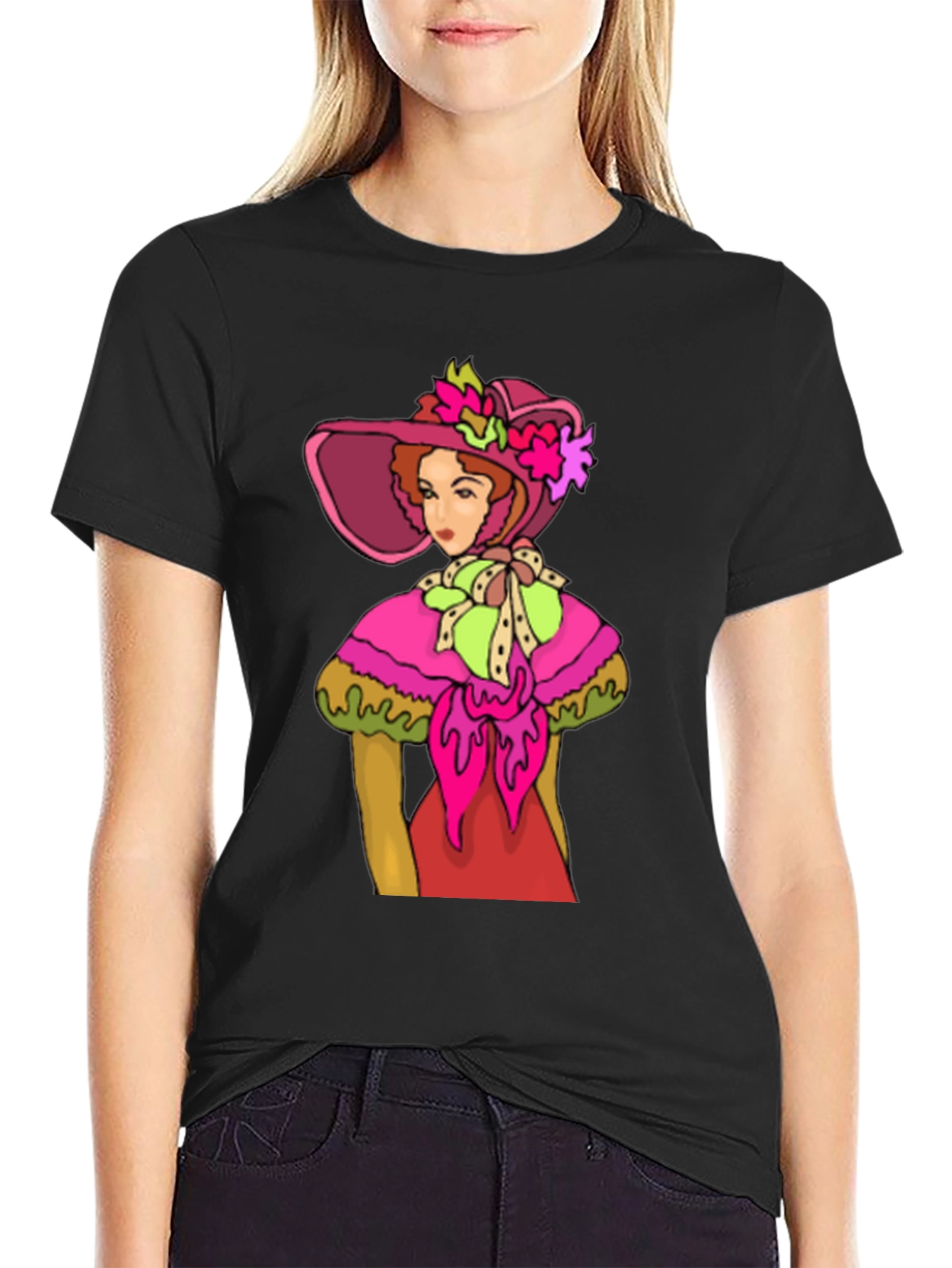 Black Vintage Lady Tee: Chic Retro Style view 2
