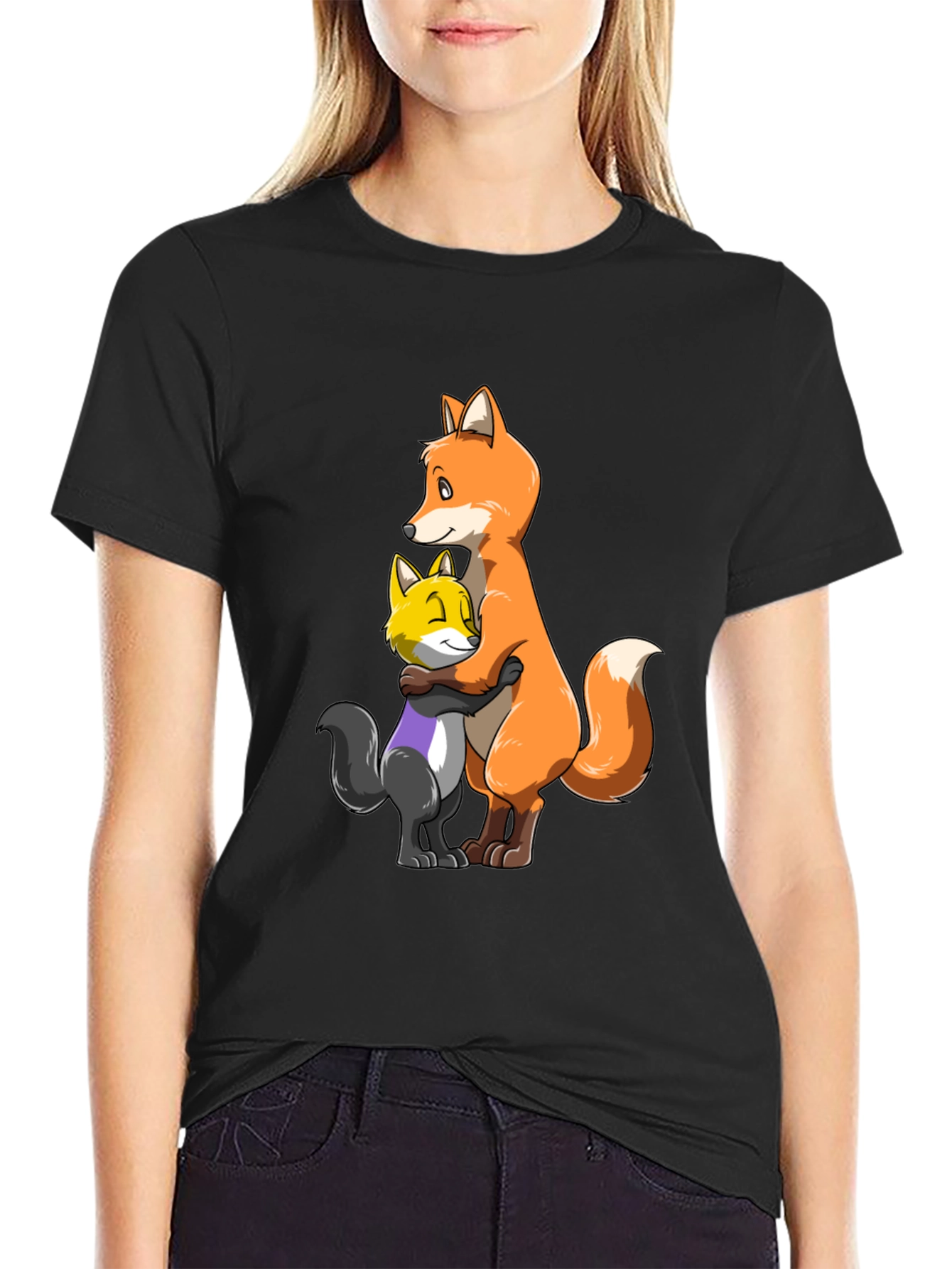 Black Fox Hug T-Shirt - Cute Cartoon Animal Graphic Tee view 2