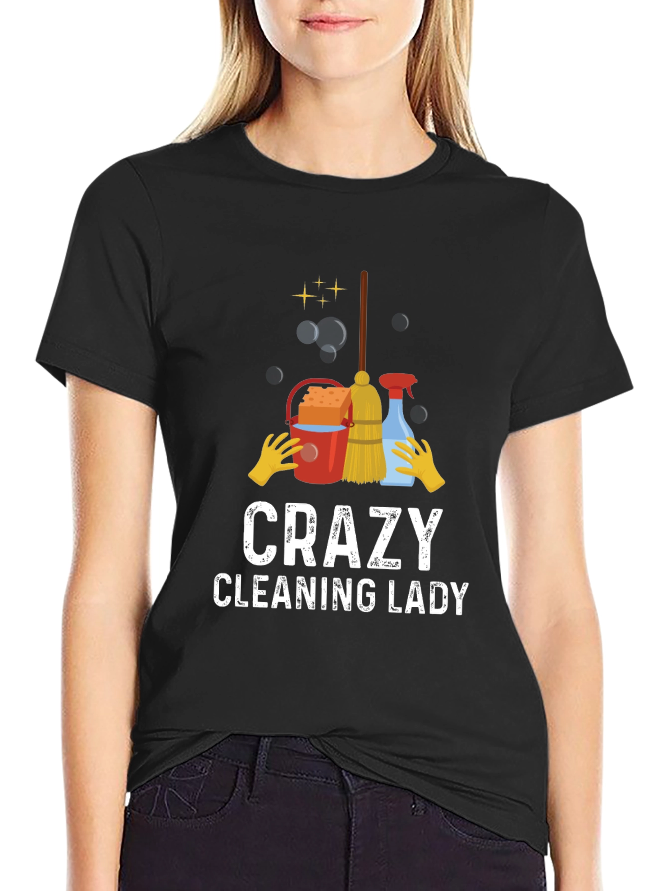 Black Crazy Cleaning Lady T-Shirt - Funny Housekeeping Tee view 2