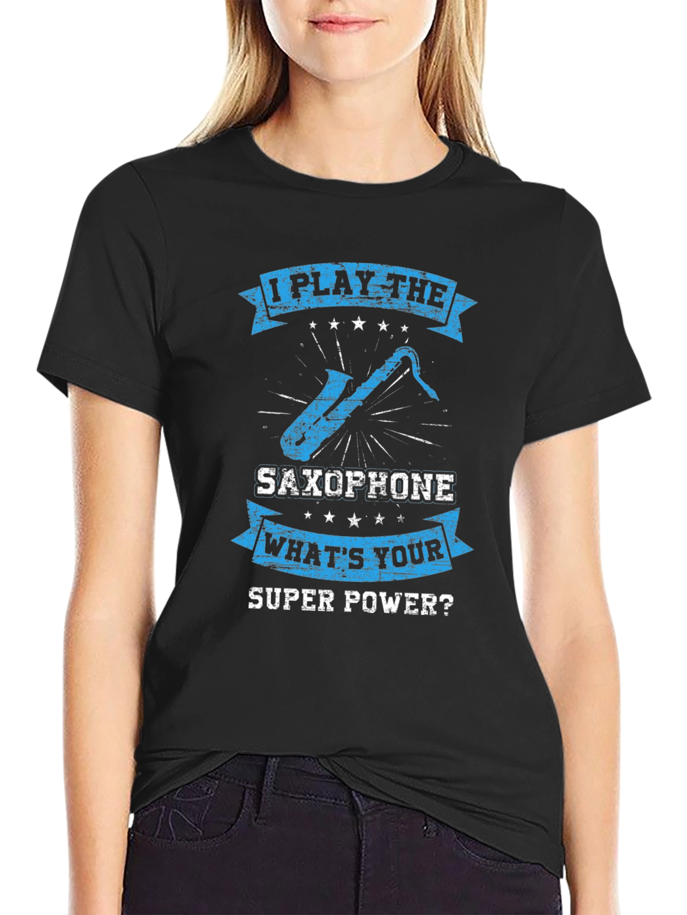 Black Saxophone Superpower T-Shirt - Musician Tee view 2