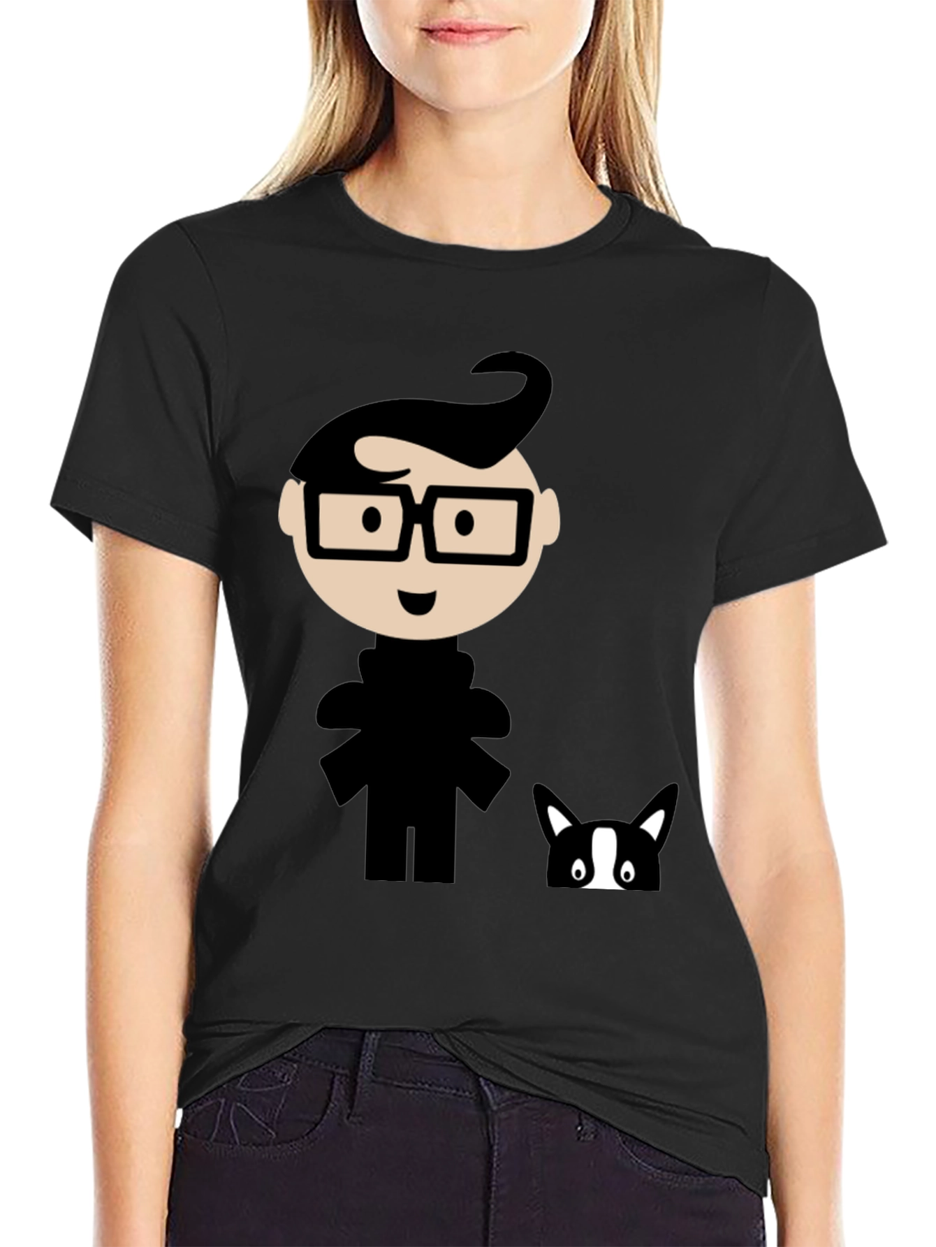 Black Geeky Cartoon Graphic T-Shirt - Black view 2