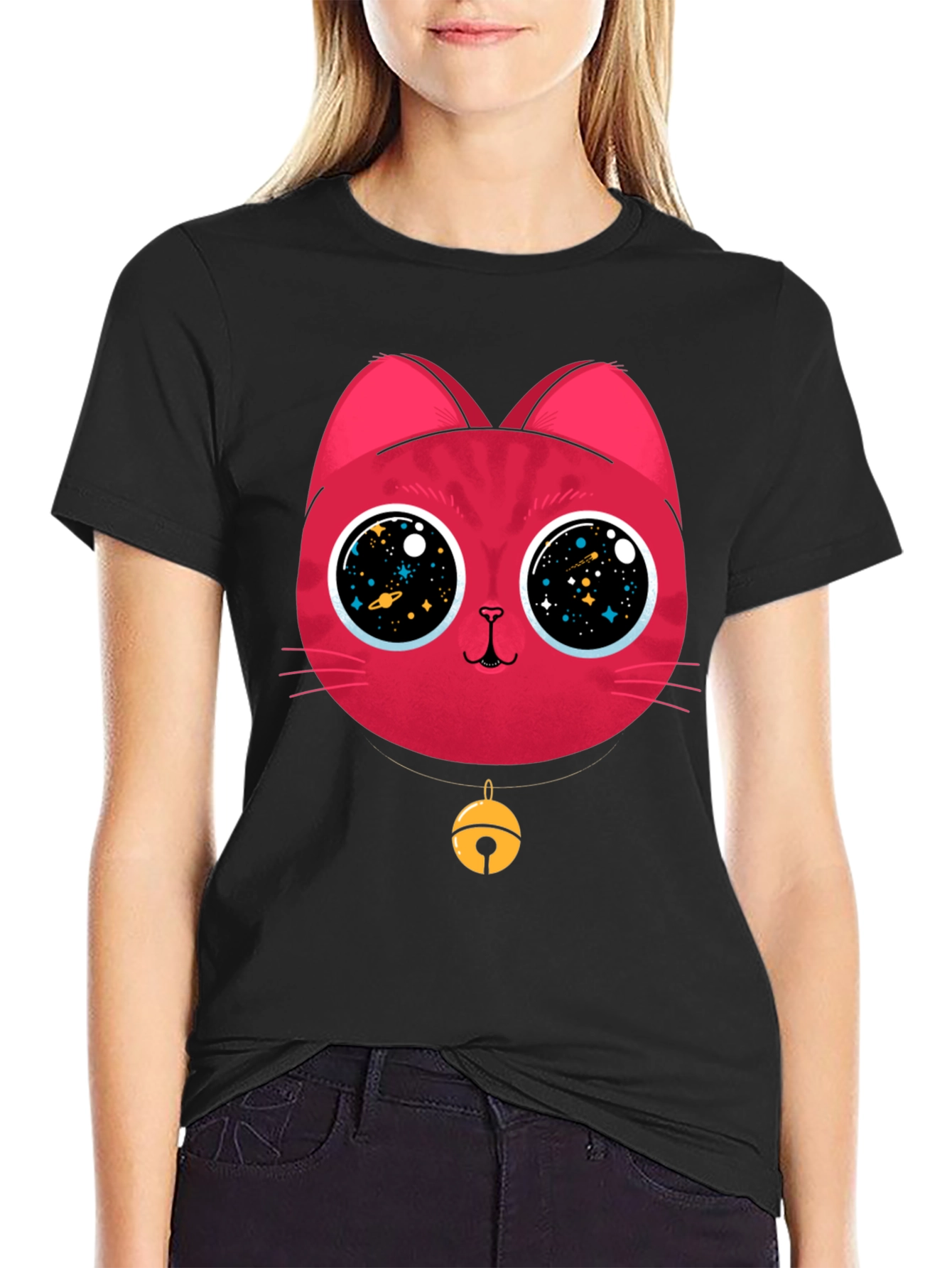 Black Cosmic Cat Tee - Galaxy Eyes Graphic T-Shirt view 2