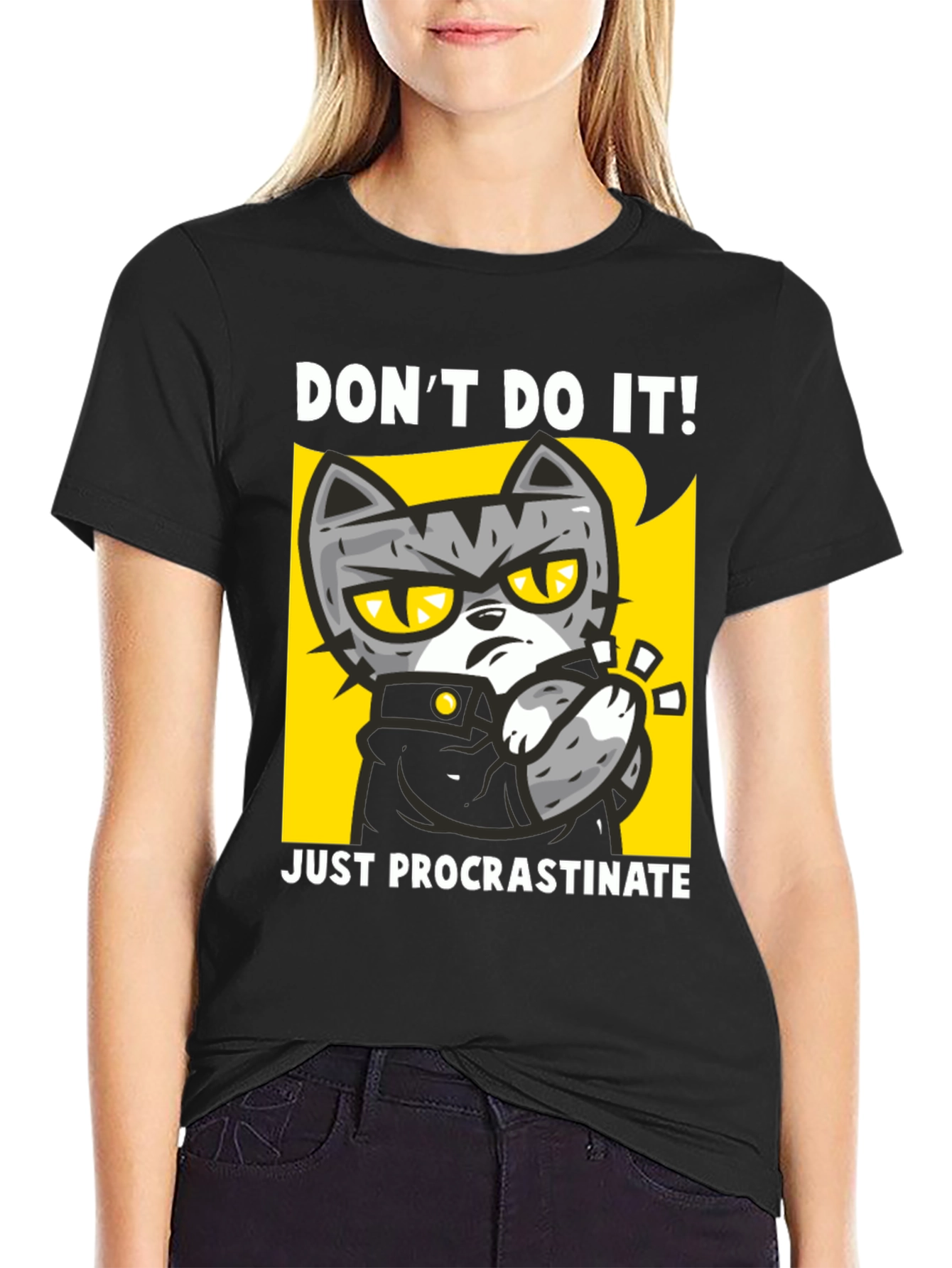 Black Funny Procrastinate Cat Graphic Black T-Shirt view 2