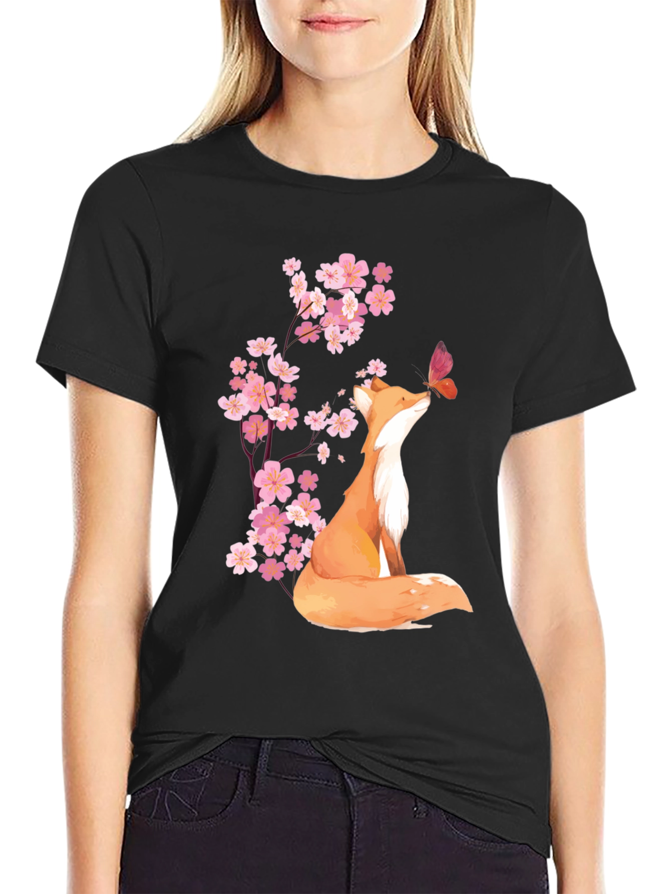 Black Fox & Cherry Blossom Graphic Tee - Soft Cotton Blend view 2