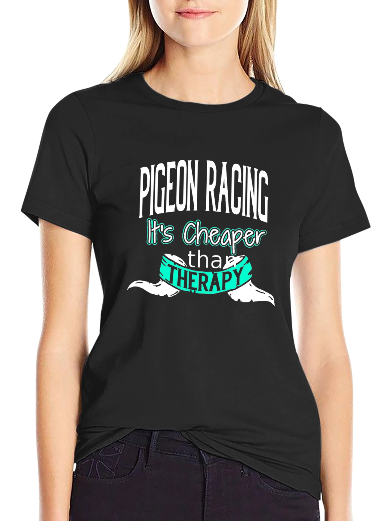 Black Pigeon Racing Cheaper Than Therapy Graphic T-Shirt view 2