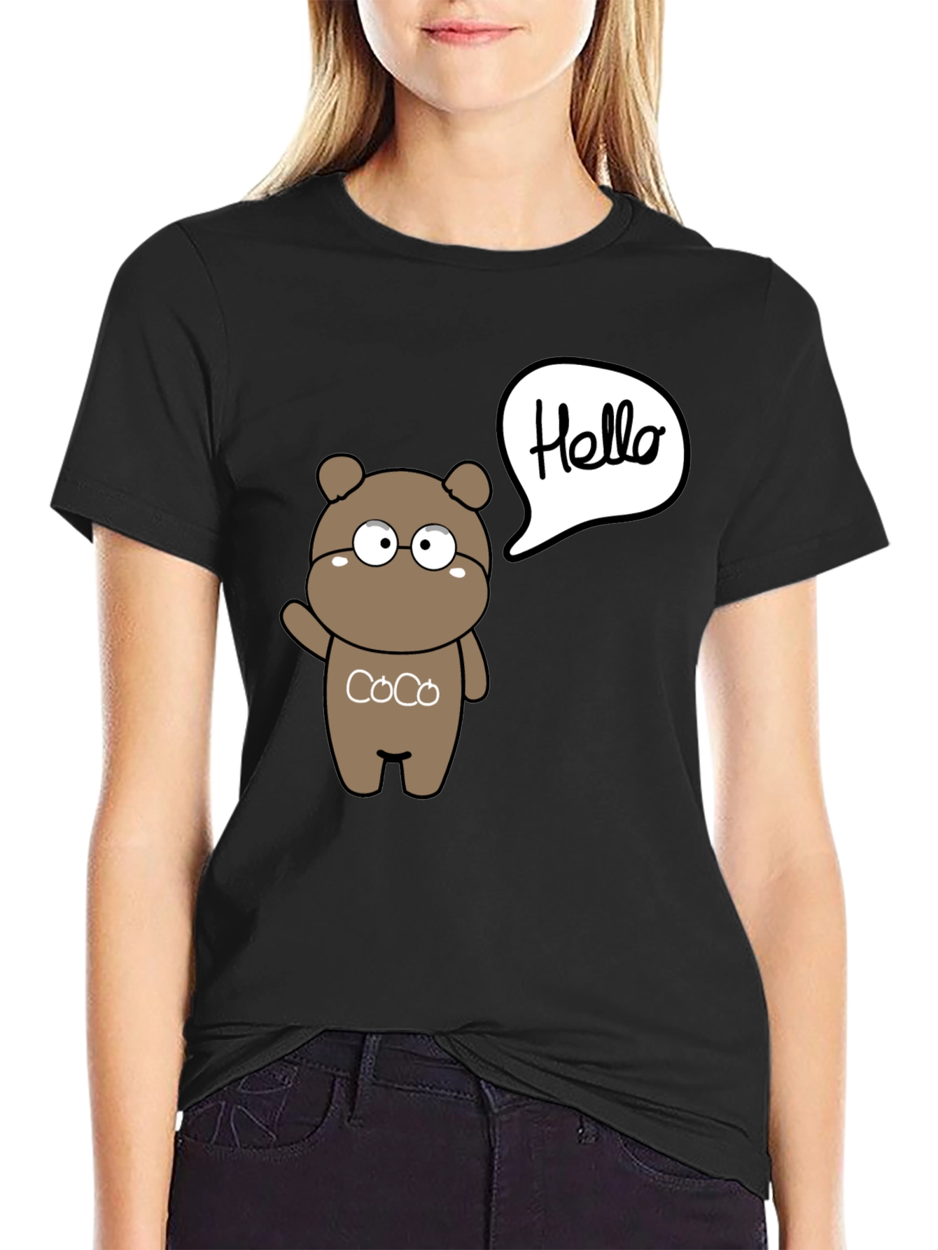 Black Cute Cartoon Bear Hello Graphic Black T-Shirt view 2
