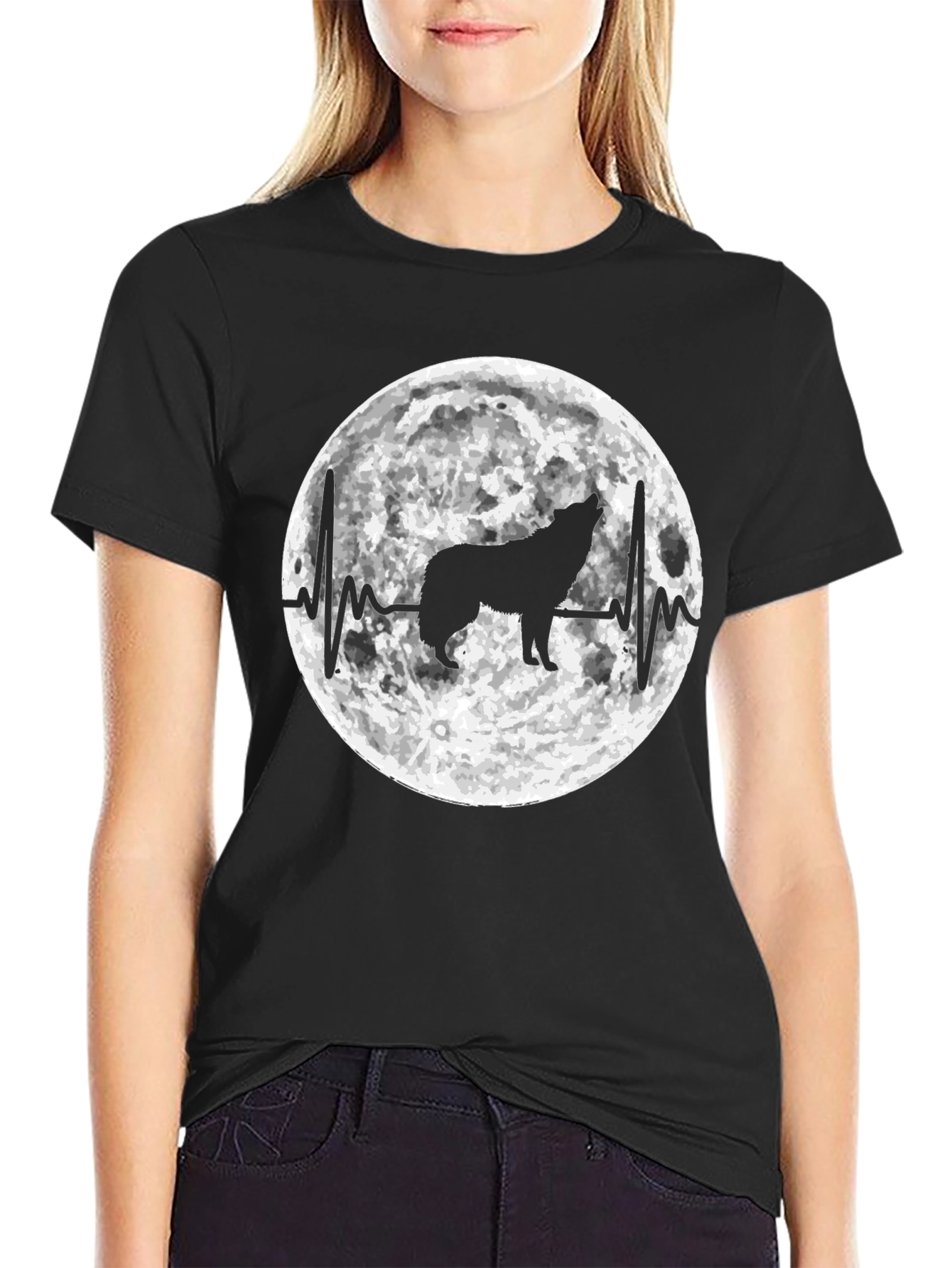Black Wolf Moon Heartbeat Graphic T-Shirt view 2