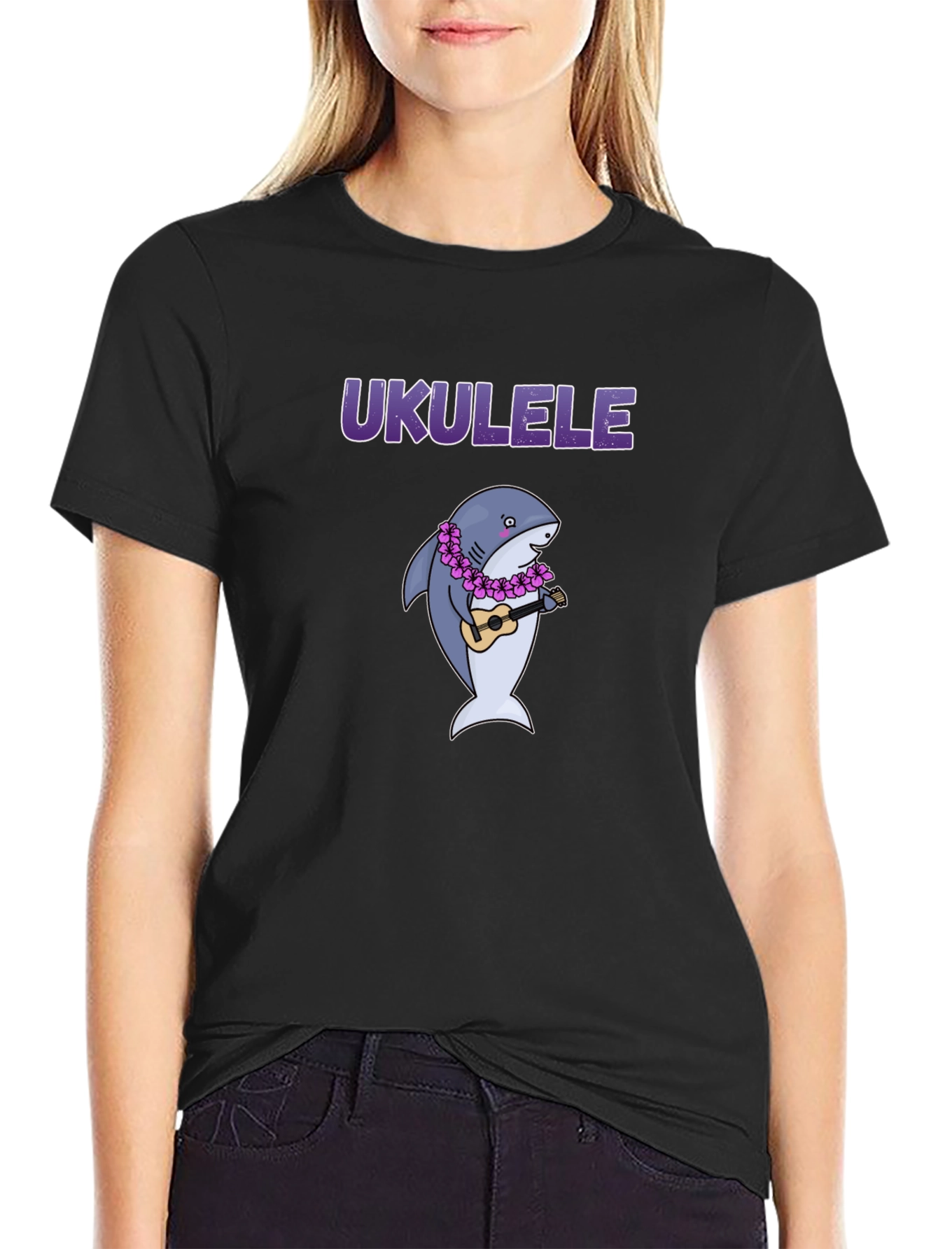 Black Ukulele Shark Graphic T-Shirt view 2