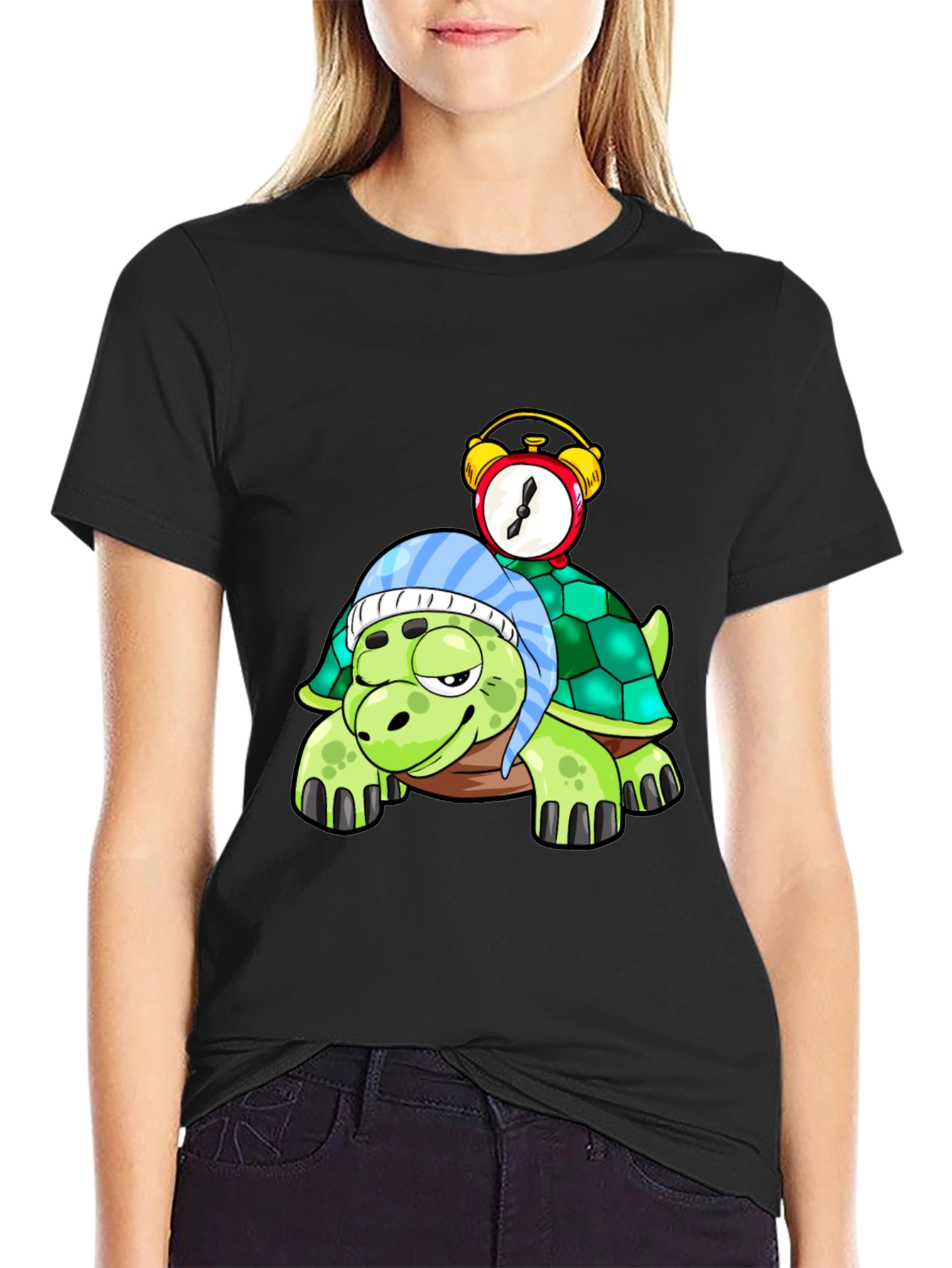 Black Cartoon Turtle with Alarm Clock T-Shirt view 2