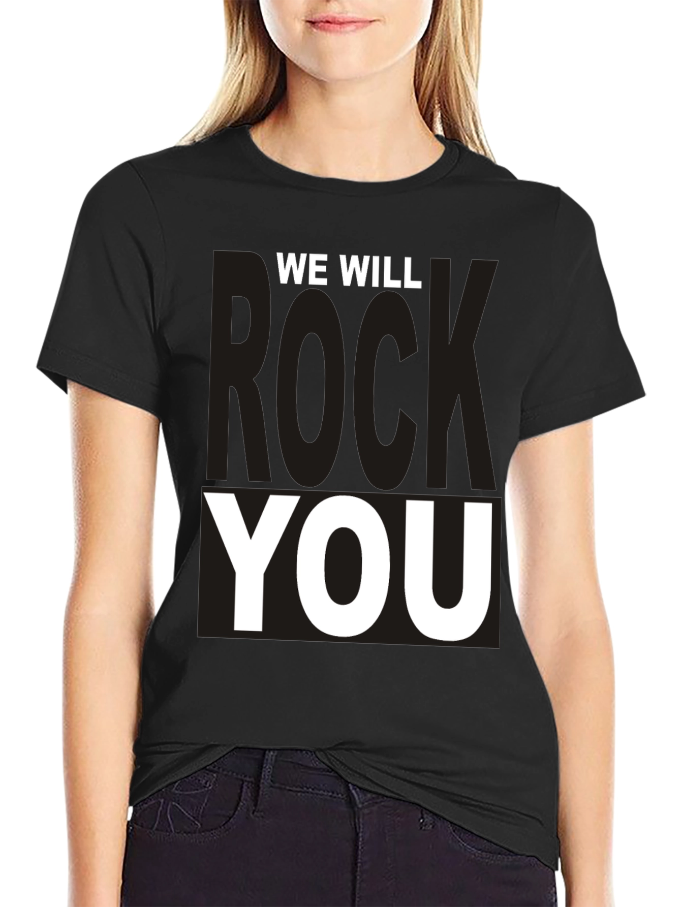 Black We Will Rock You Graphic Tee - Black Cotton T-Shirt view 2